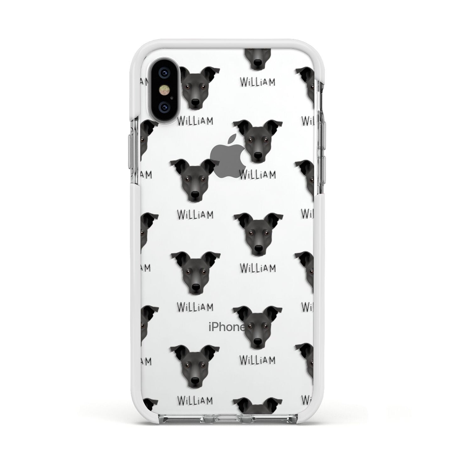 Staffy Jack Icon with Name Apple iPhone Xs Impact Case White Edge on Silver Phone