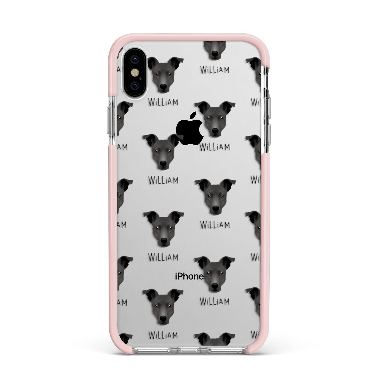 Staffy Jack Icon with Name Apple iPhone Xs Max Impact Case Pink Edge on Silver Phone