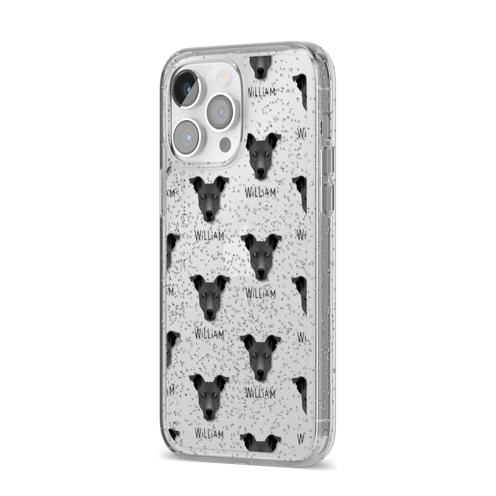 Staffy Jack Icon with Name iPhone 14 Pro Max Glitter Tough Case Silver Angled Image