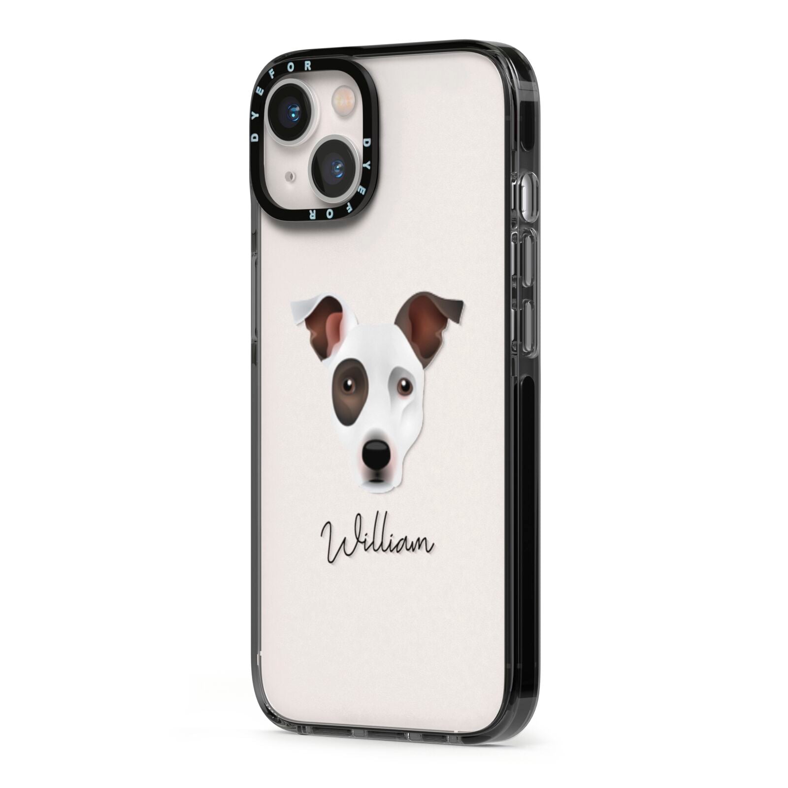 Staffy Jack Personalised iPhone 13 Black Impact Case Side Angle on Silver phone