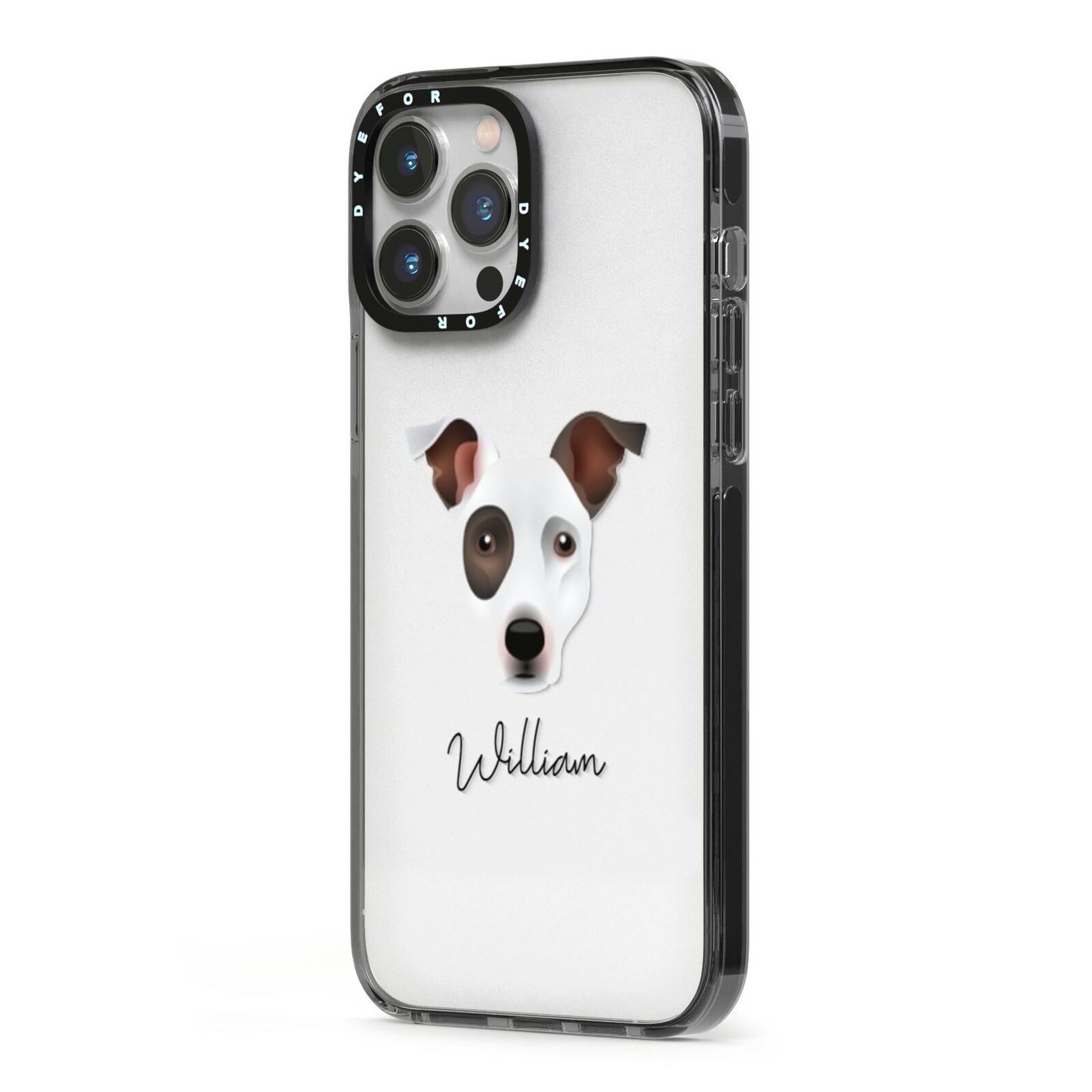 Staffy Jack Personalised iPhone 13 Pro Max Black Impact Case Side Angle on Silver phone