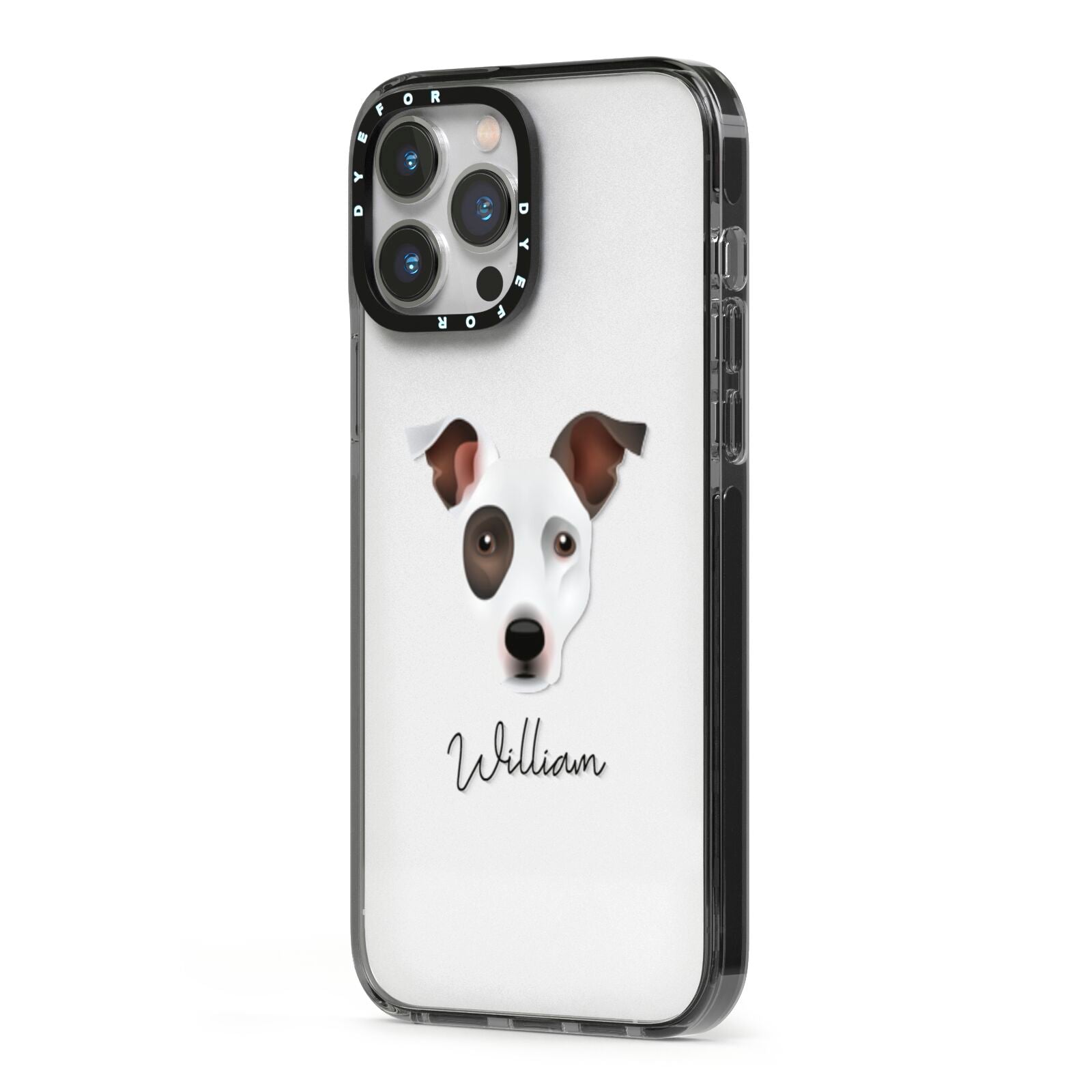 Staffy Jack Personalised iPhone 13 Pro Max Black Impact Case Side Angle on Silver phone