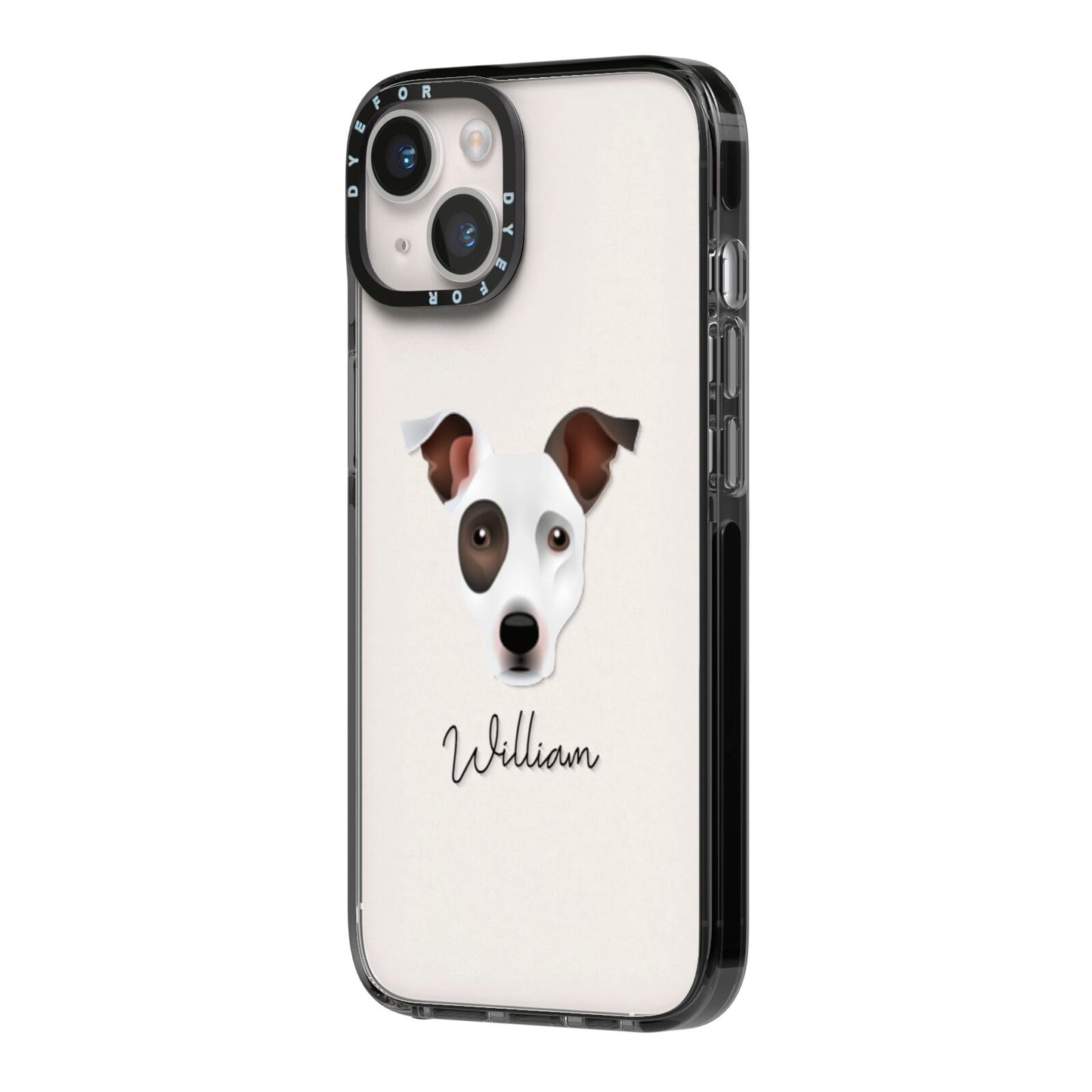 Staffy Jack Personalised iPhone 14 Black Impact Case Side Angle on Silver phone