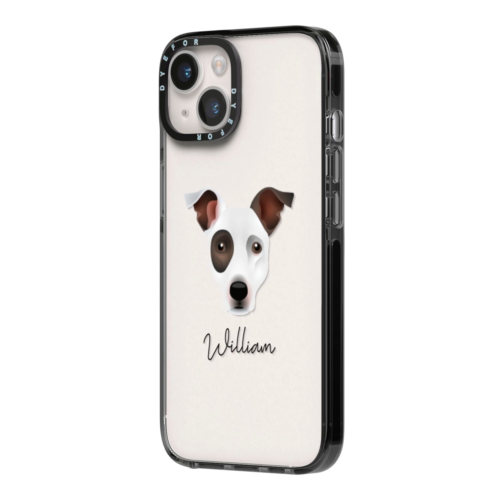 Staffy Jack Personalised iPhone 14 Black Impact Case Side Angle on Silver phone
