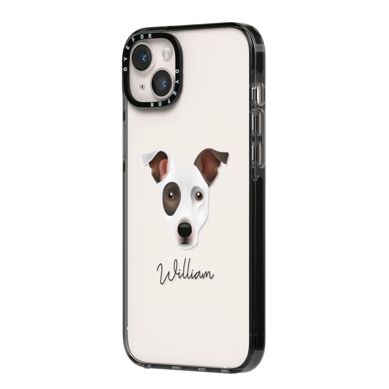 Staffy Jack Personalised iPhone 14 Plus Black Impact Case Side Angle on Silver phone