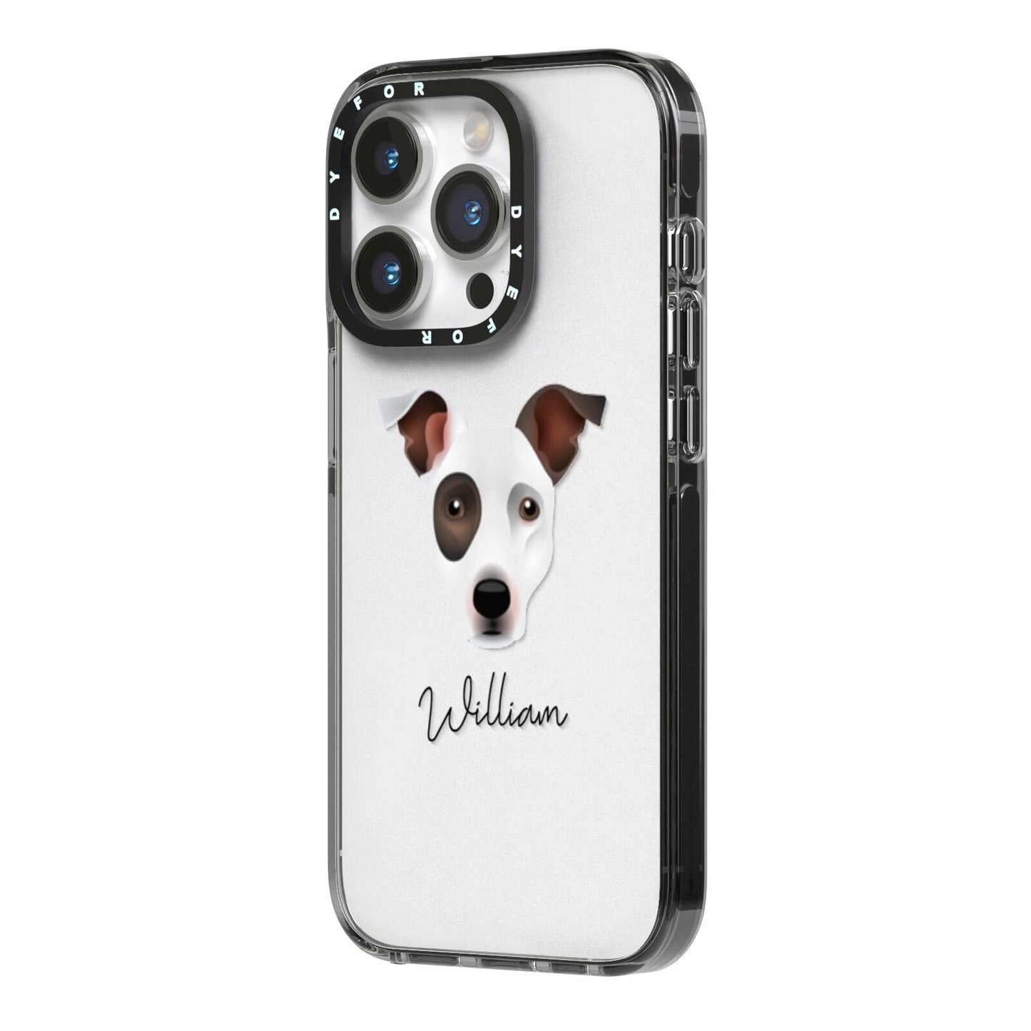 Staffy Jack Personalised iPhone 14 Pro Black Impact Case Side Angle on Silver phone
