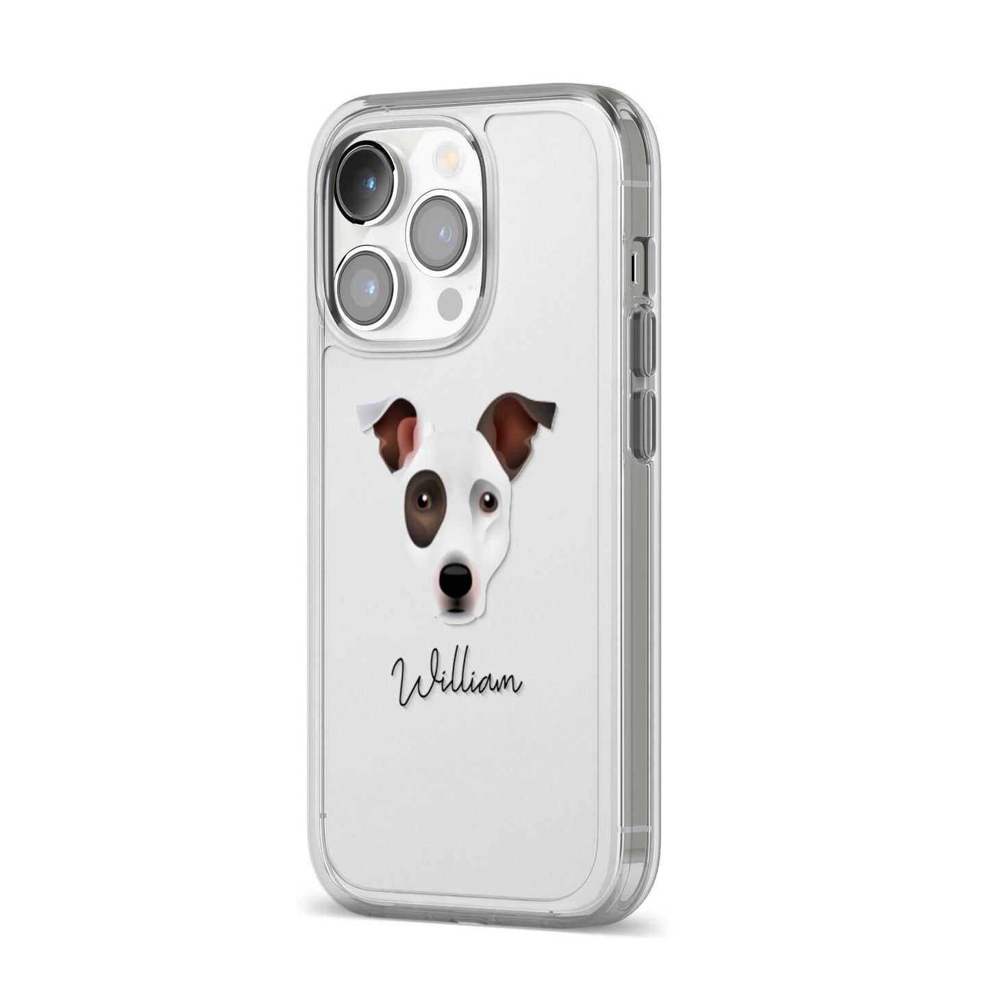 Staffy Jack Personalised iPhone 14 Pro Clear Tough Case Silver Angled Image