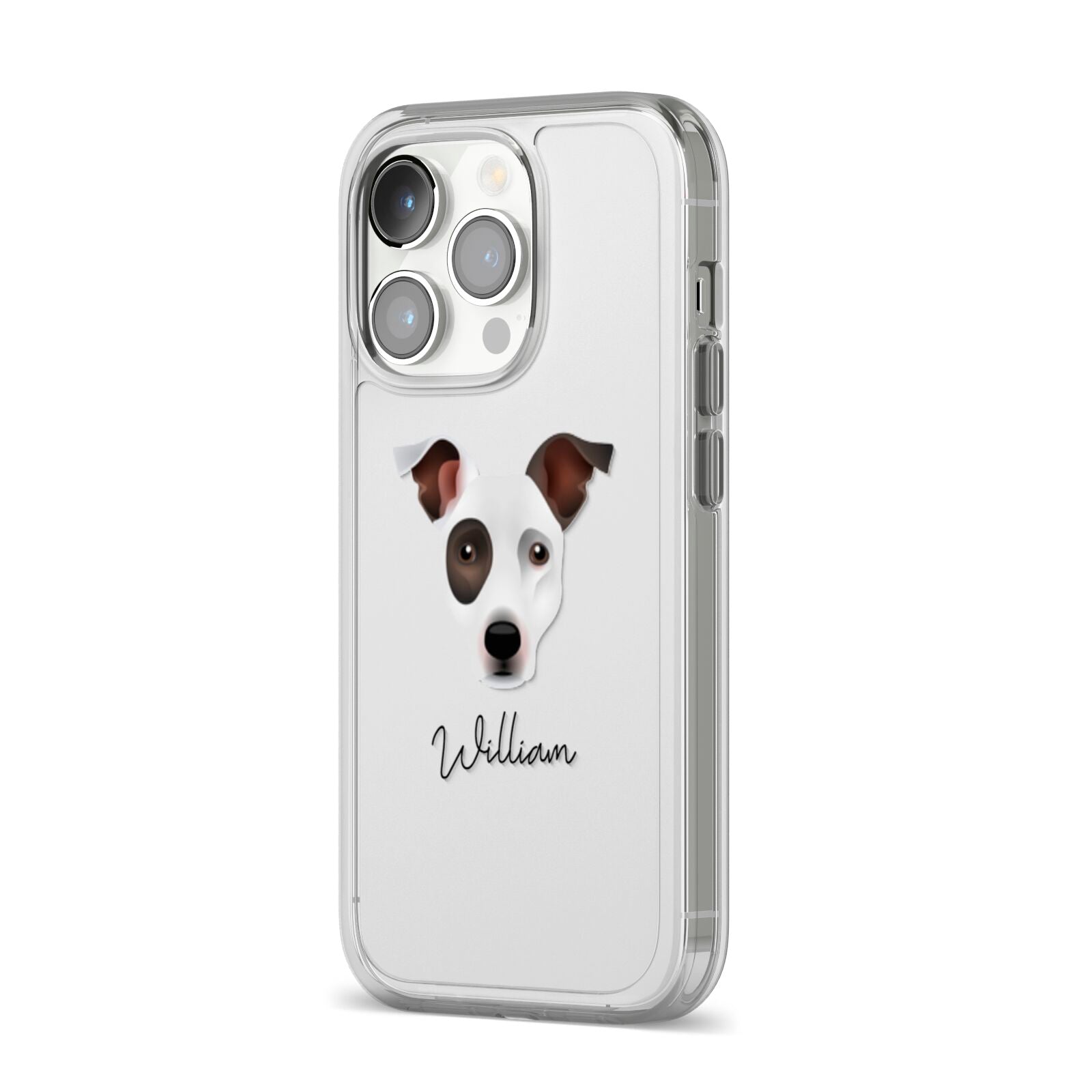 Staffy Jack Personalised iPhone 14 Pro Clear Tough Case Silver Angled Image