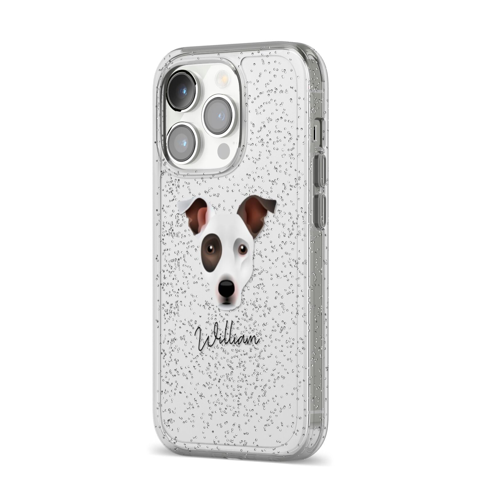 Staffy Jack Personalised iPhone 14 Pro Glitter Tough Case Silver Angled Image