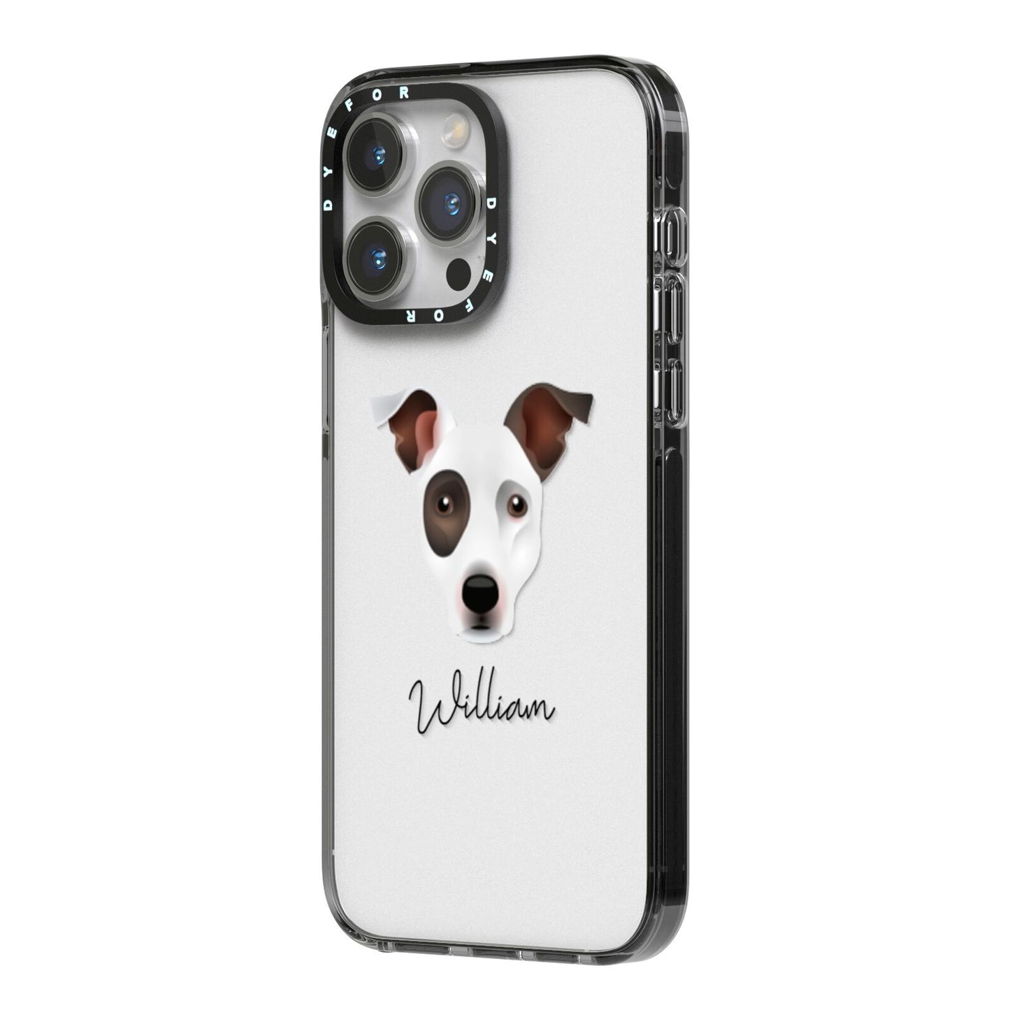 Staffy Jack Personalised iPhone 14 Pro Max Black Impact Case Side Angle on Silver phone