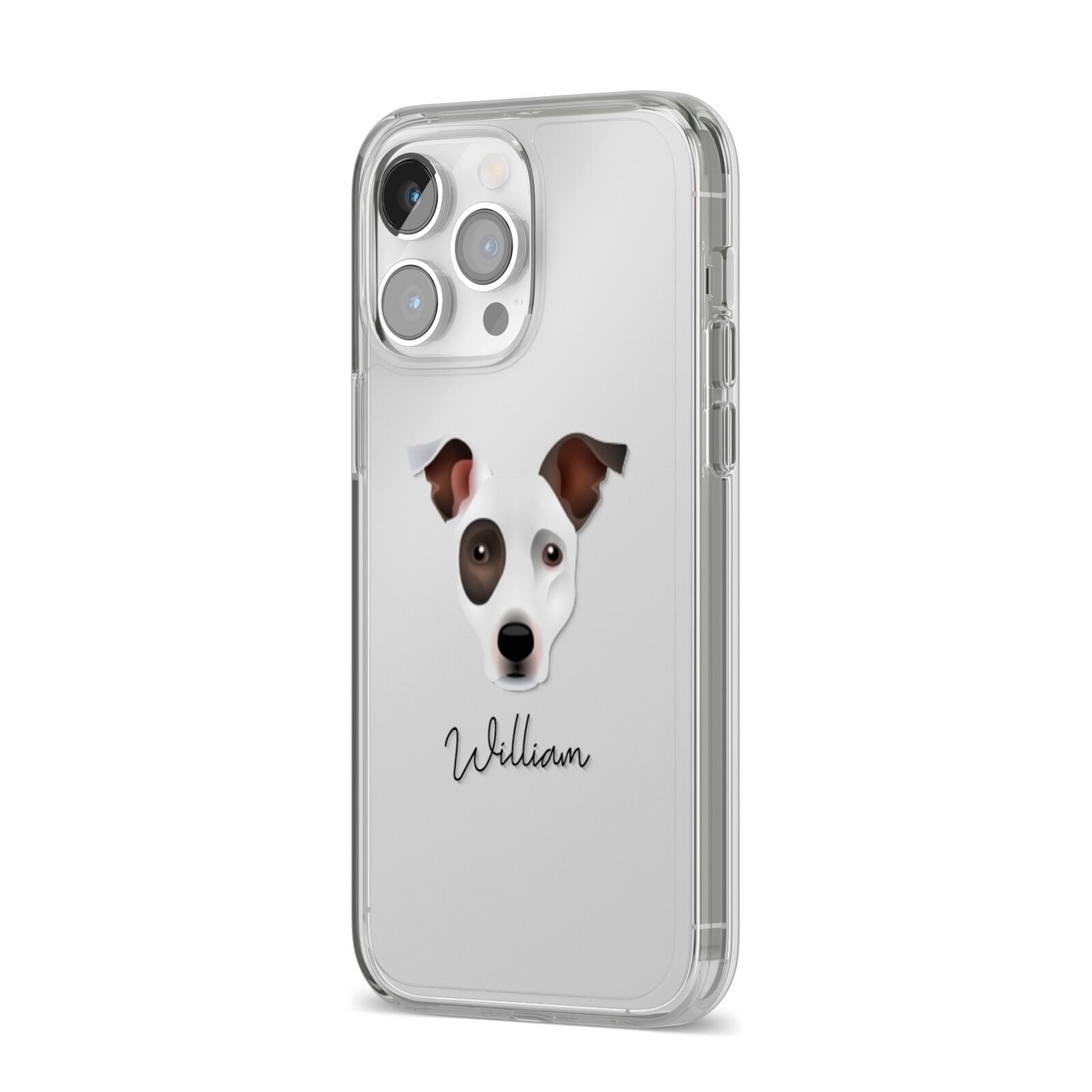 Staffy Jack Personalised iPhone 14 Pro Max Clear Tough Case Silver Angled Image