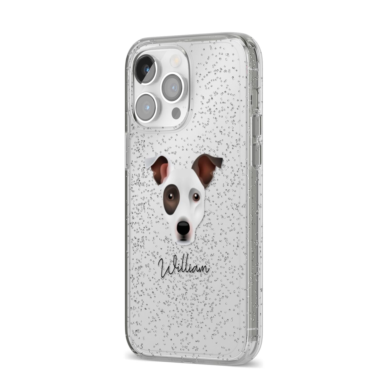 Staffy Jack Personalised iPhone 14 Pro Max Glitter Tough Case Silver Angled Image