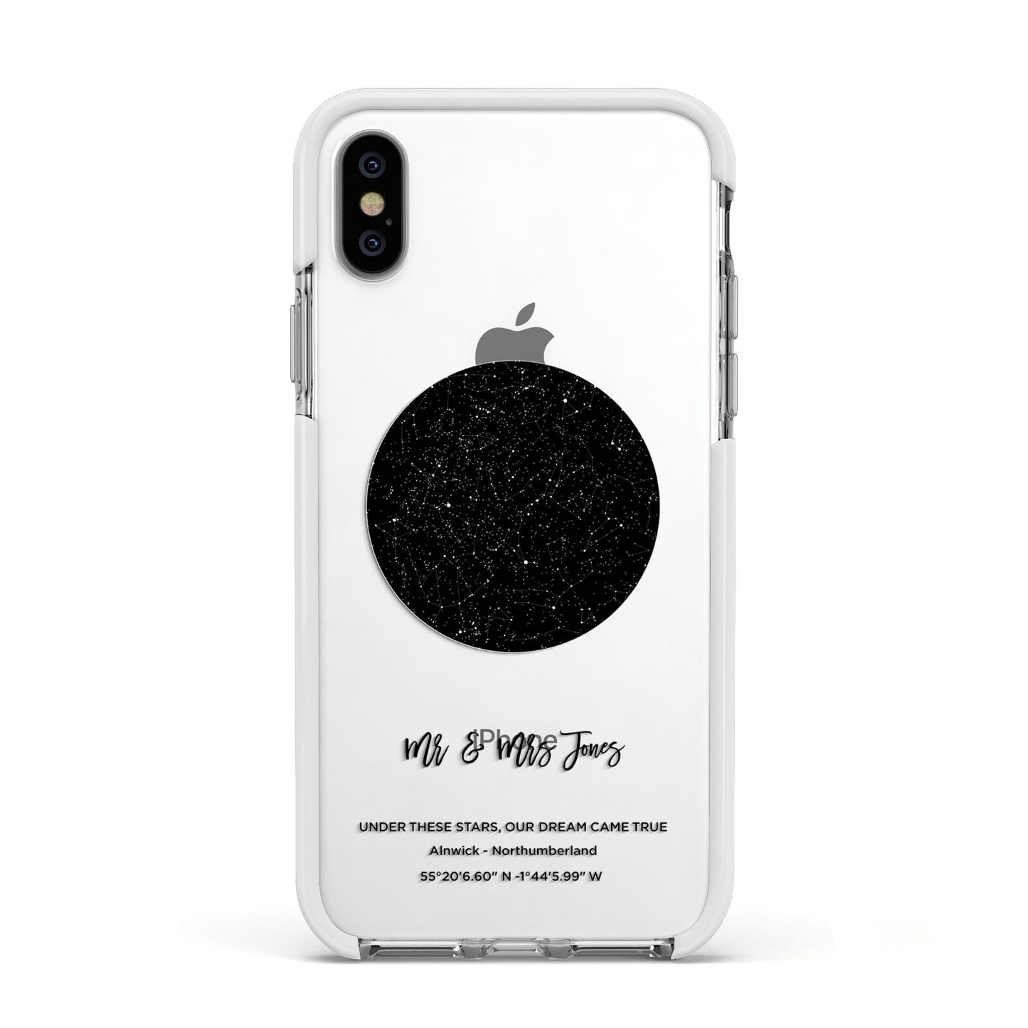 Star Map Apple iPhone Xs Impact Case White Edge on Silver Phone