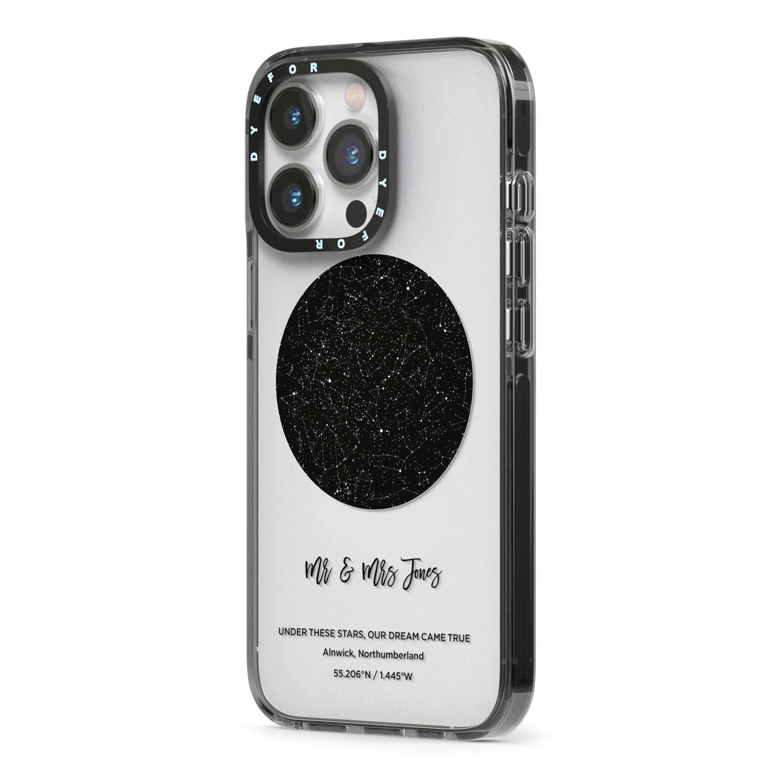 Star Map iPhone 13 Pro Black Impact Case Side Angle on Silver phone