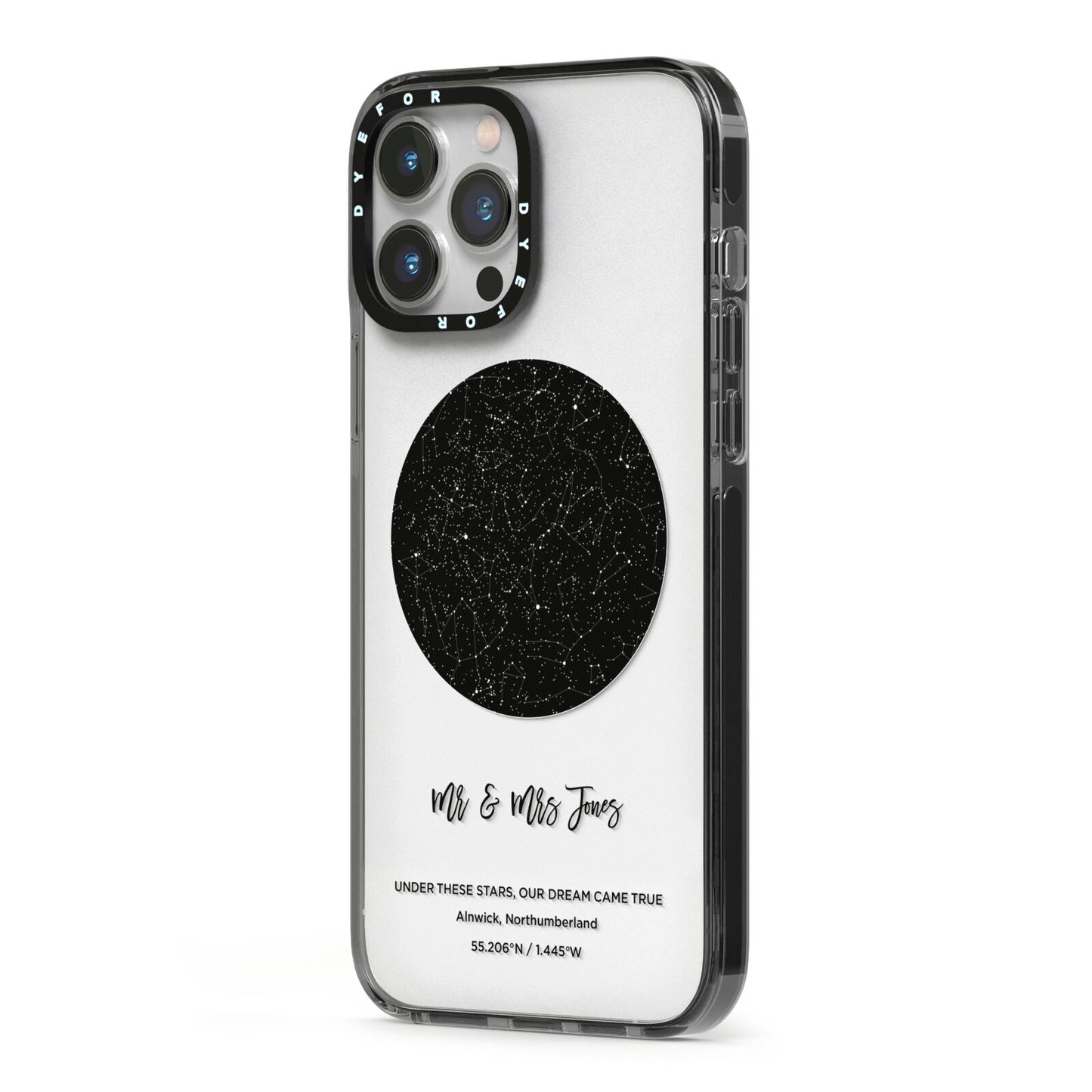 Star Map iPhone 13 Pro Max Black Impact Case Side Angle on Silver phone