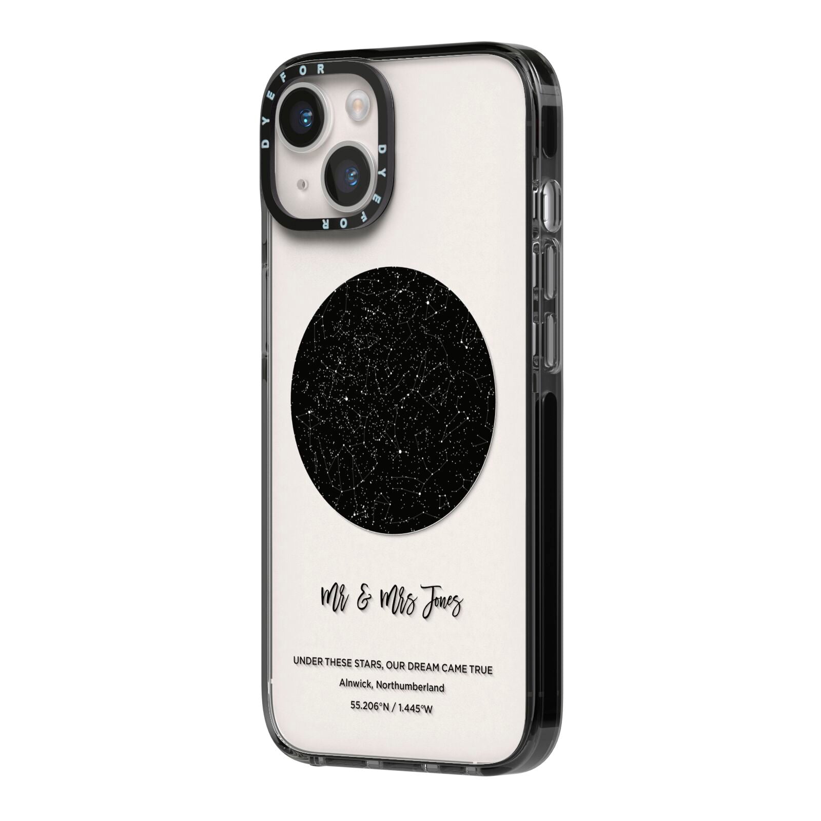 Star Map iPhone 14 Black Impact Case Side Angle on Silver phone