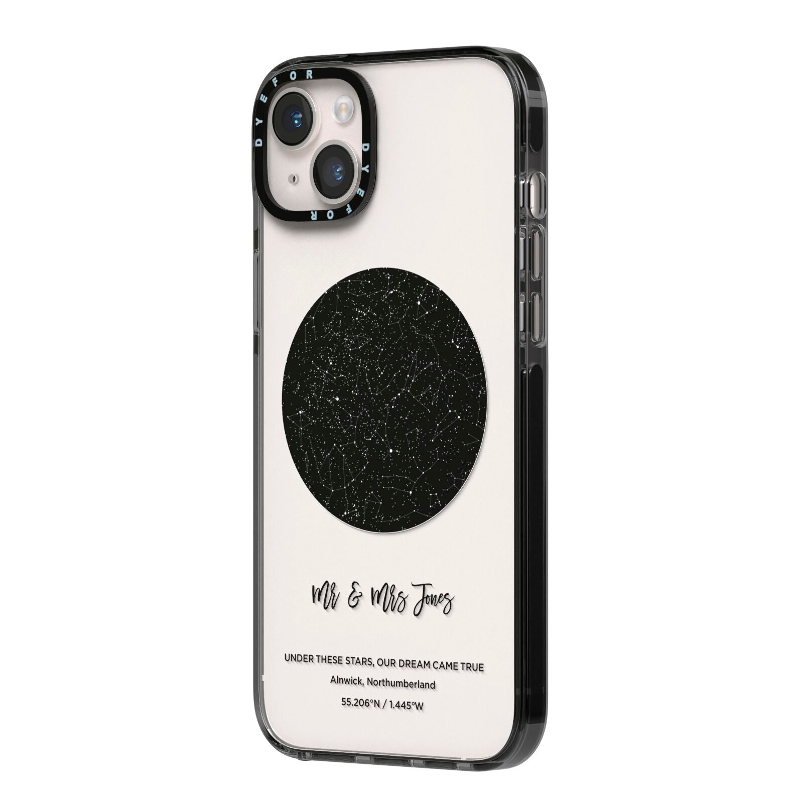 Star Map iPhone 14 Plus Black Impact Case Side Angle on Silver phone