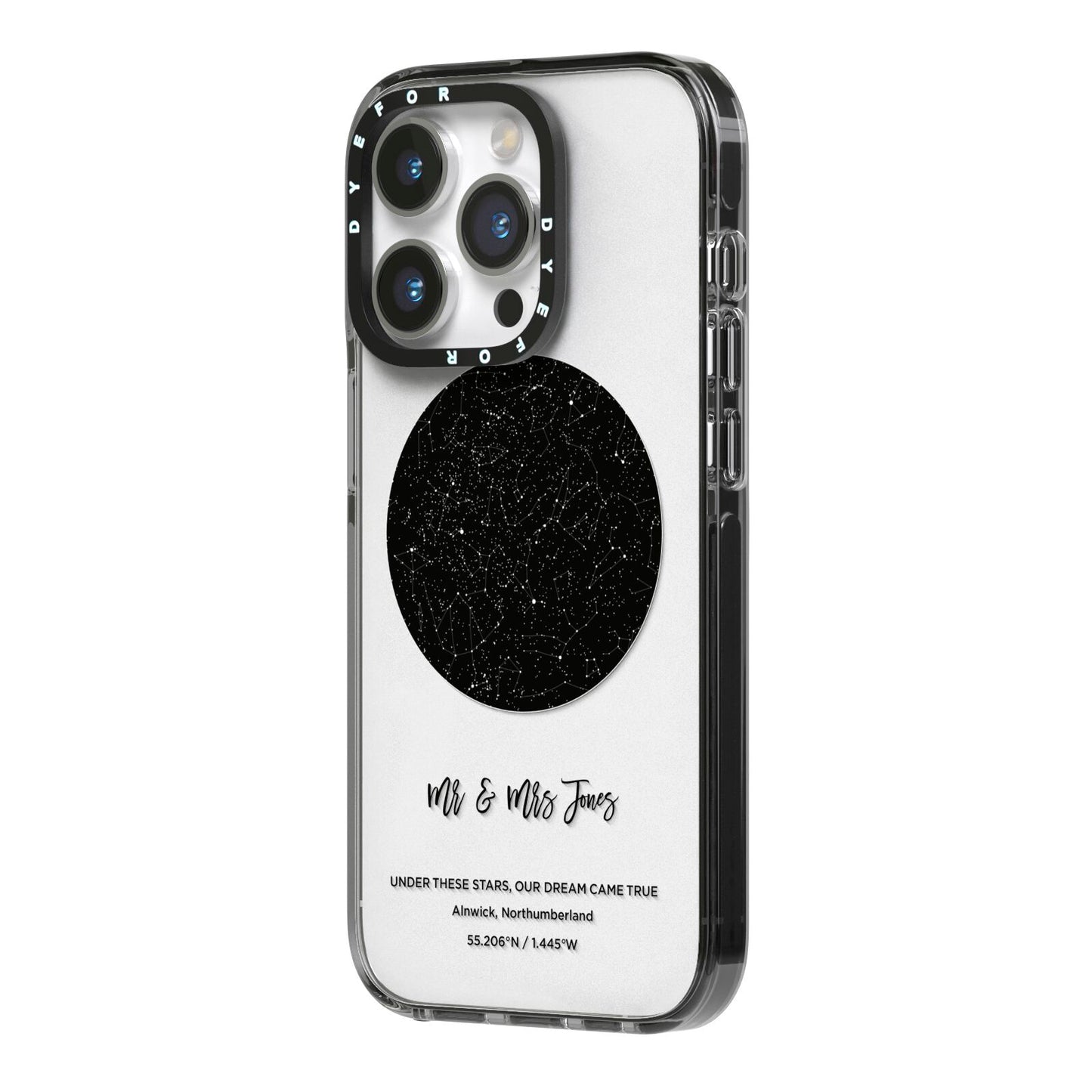 Star Map iPhone 14 Pro Black Impact Case Side Angle on Silver phone