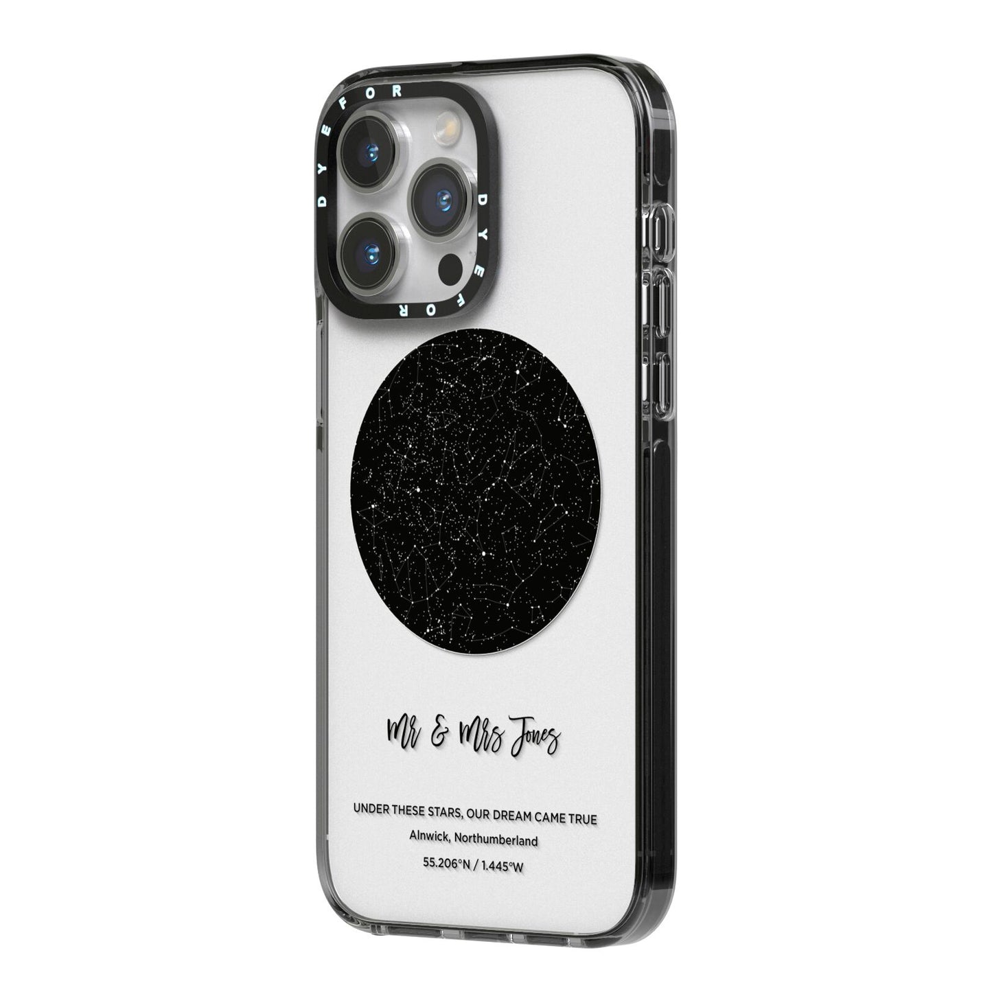 Star Map iPhone 14 Pro Max Black Impact Case Side Angle on Silver phone