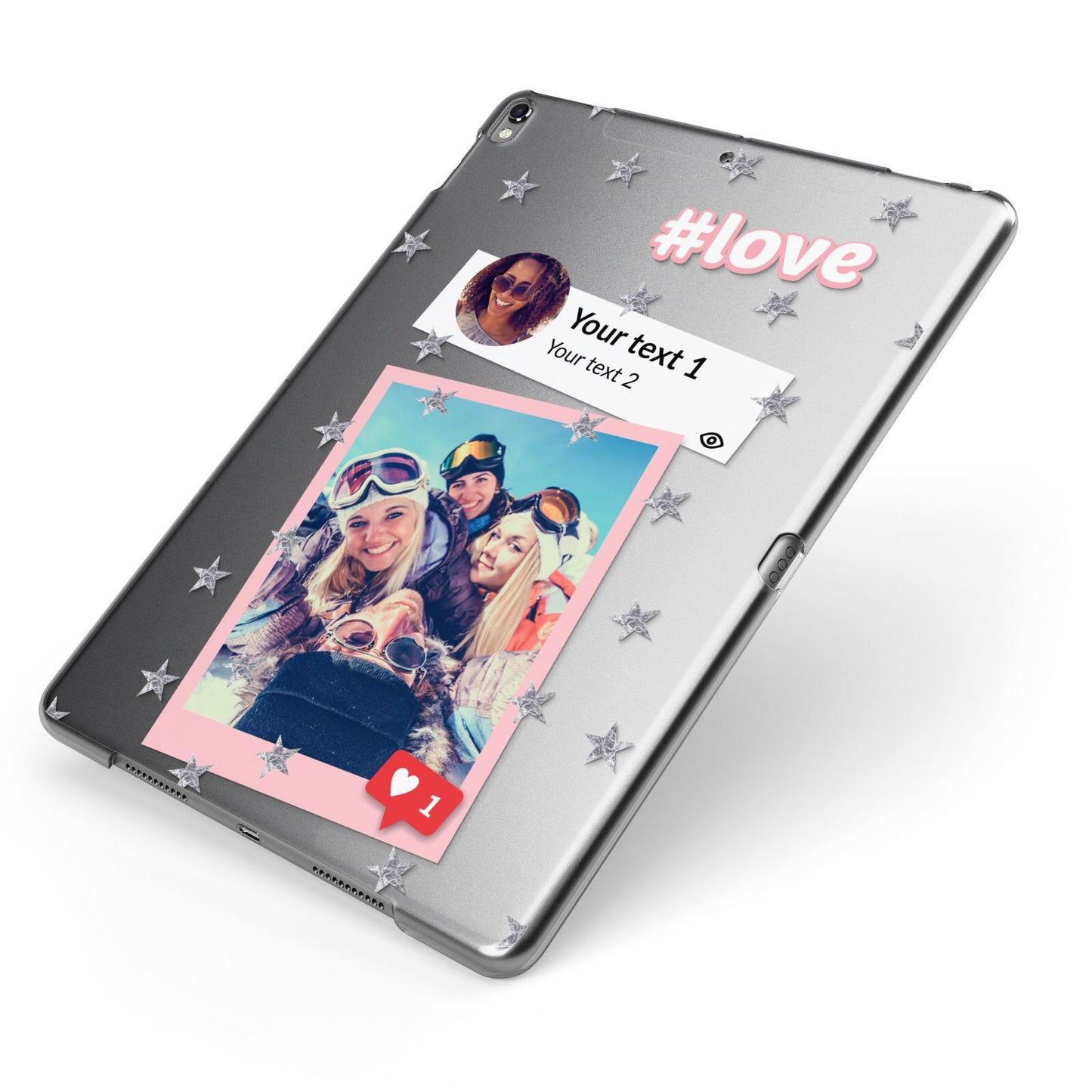 Starry Social Media Photo Montage Upload with Text Apple iPad Case on Grey iPad Side View