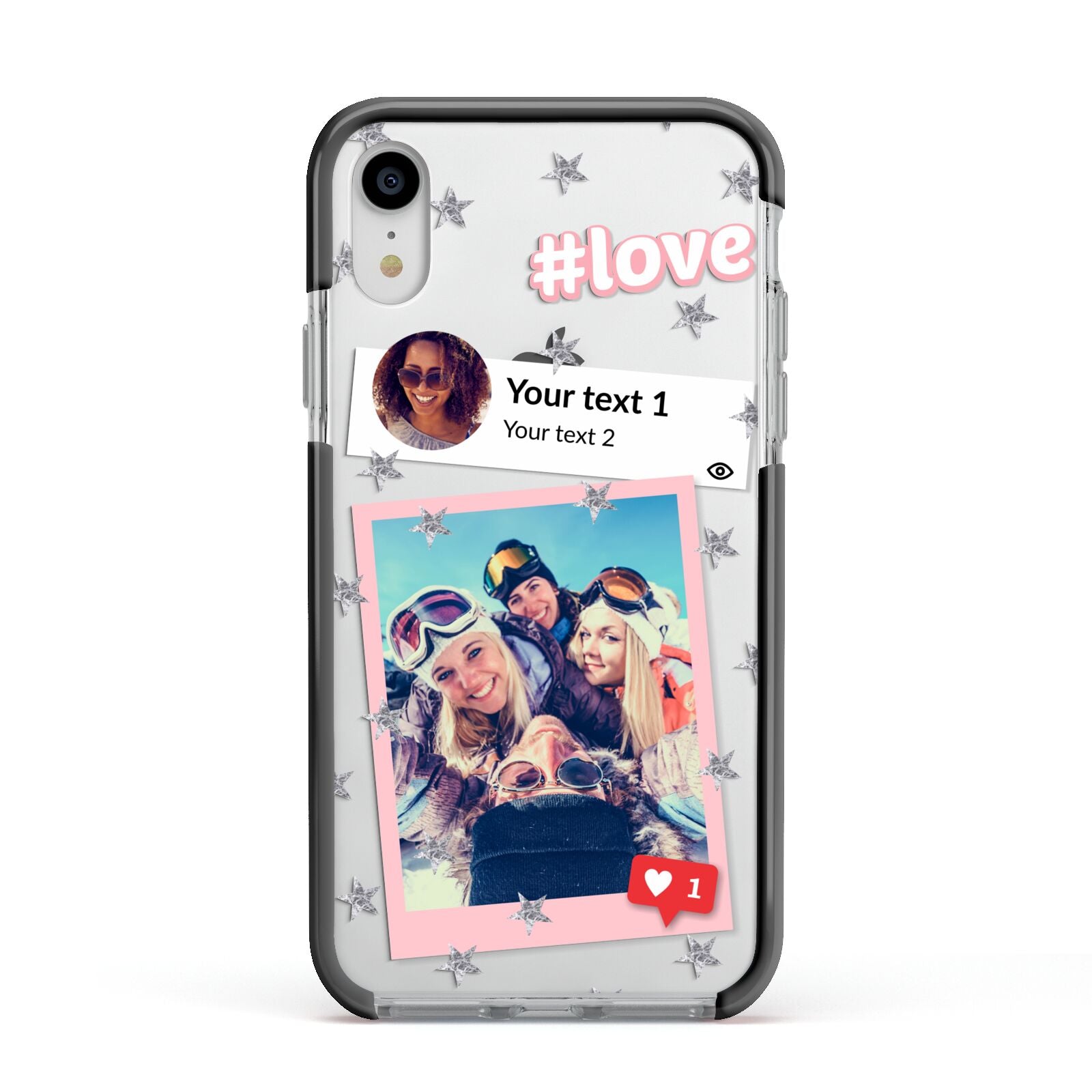 Starry Social Media Photo Montage Upload with Text Apple iPhone XR Impact Case Black Edge on Silver Phone