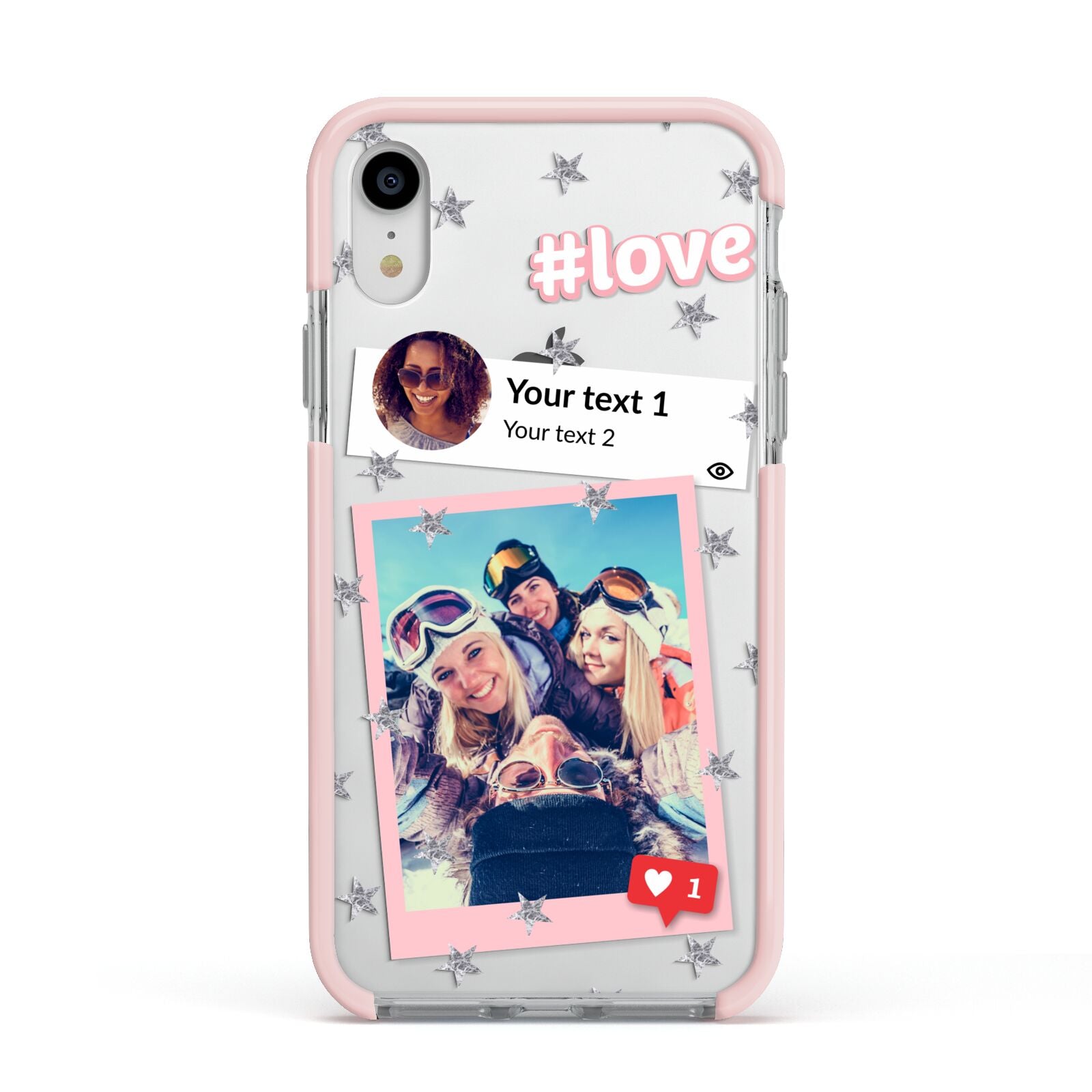 Starry Social Media Photo Montage Upload with Text Apple iPhone XR Impact Case Pink Edge on Silver Phone