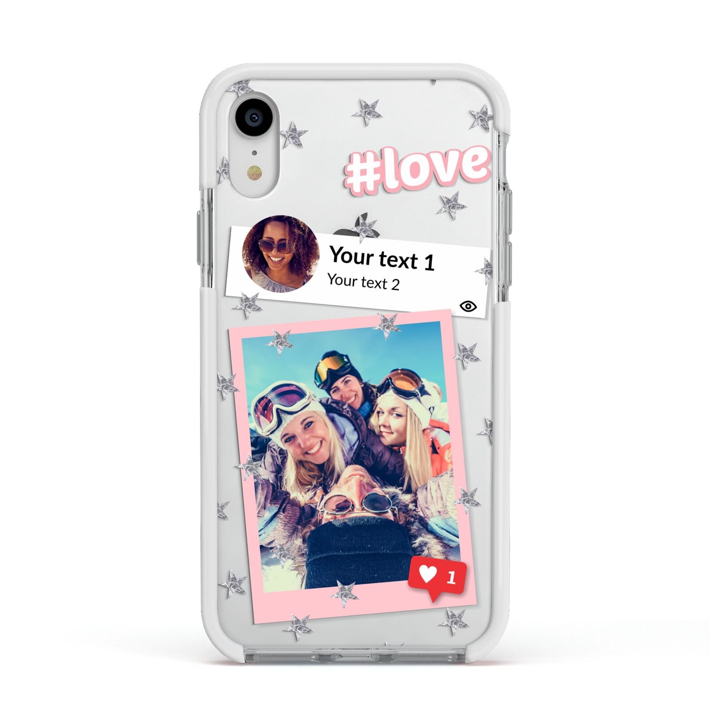 Starry Social Media Photo Montage Upload with Text Apple iPhone XR Impact Case White Edge on Silver Phone