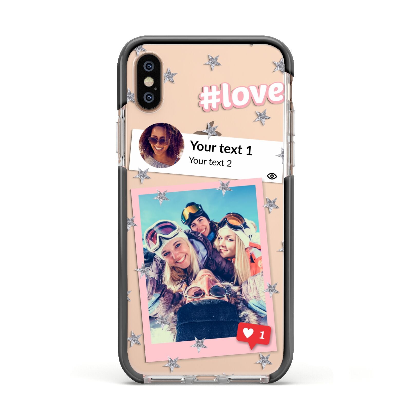 Starry Social Media Photo Montage Upload with Text Apple iPhone Xs Impact Case Black Edge on Gold Phone