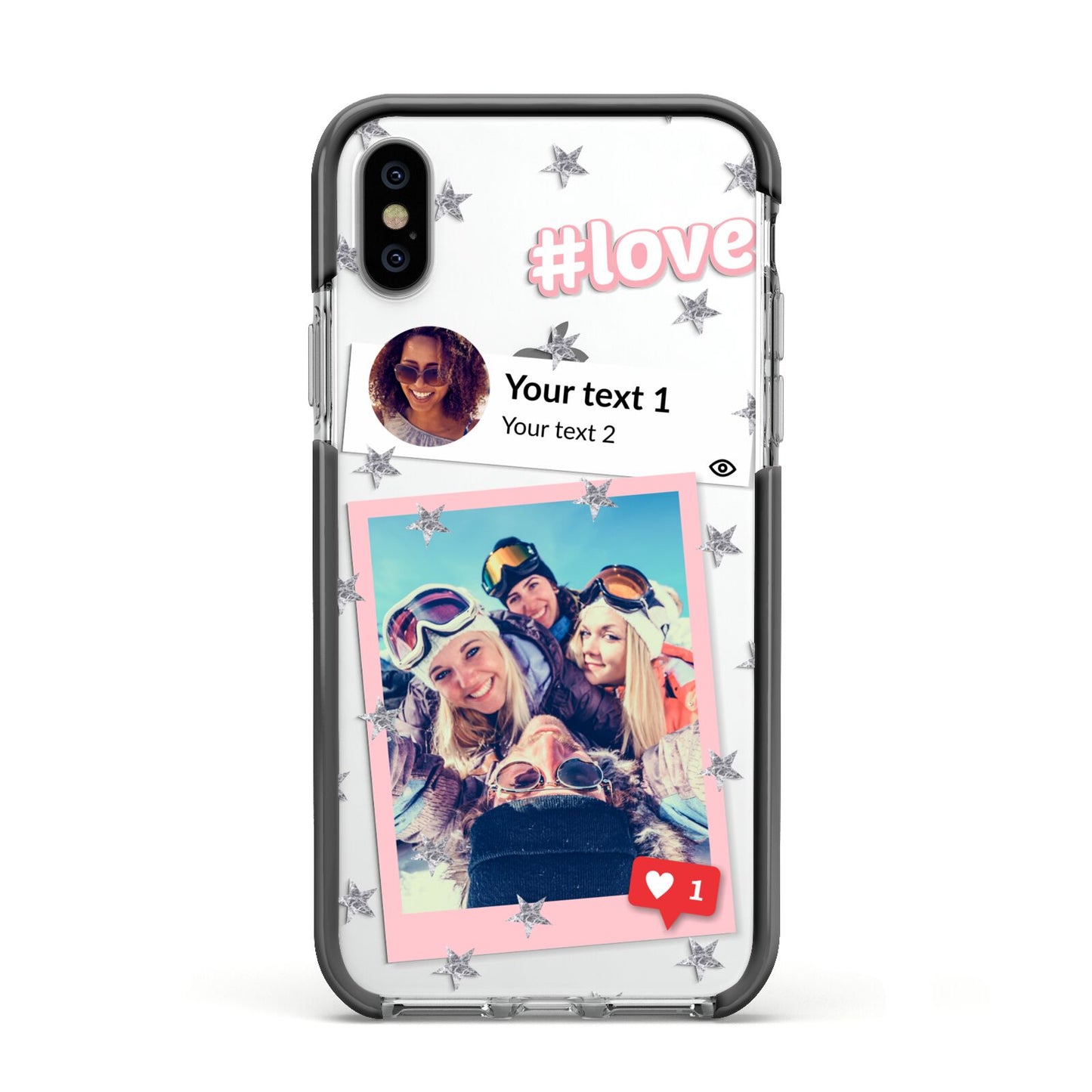 Starry Social Media Photo Montage Upload with Text Apple iPhone Xs Impact Case Black Edge on Silver Phone