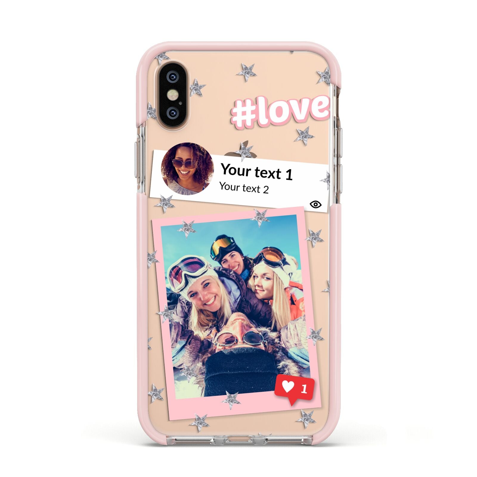 Starry Social Media Photo Montage Upload with Text Apple iPhone Xs Impact Case Pink Edge on Gold Phone