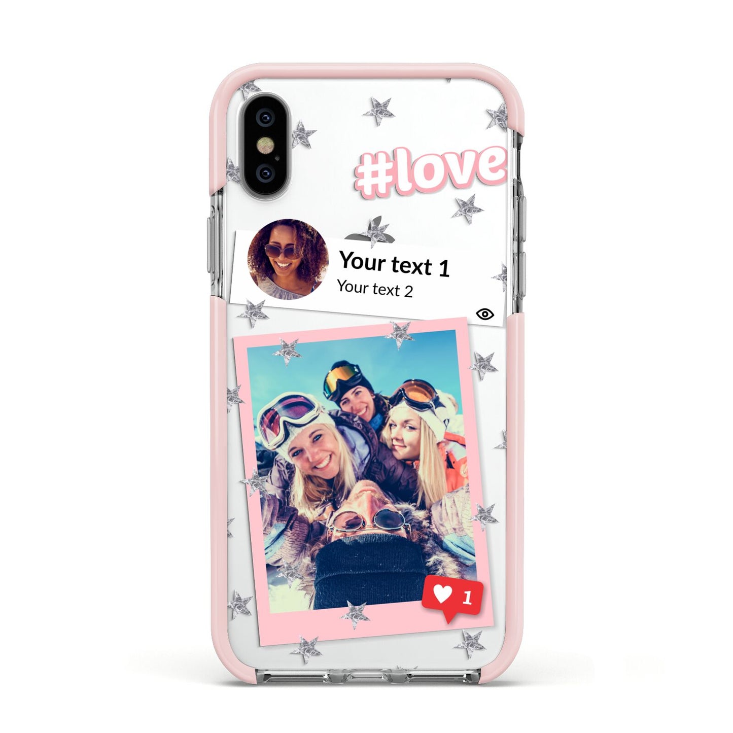 Starry Social Media Photo Montage Upload with Text Apple iPhone Xs Impact Case Pink Edge on Silver Phone