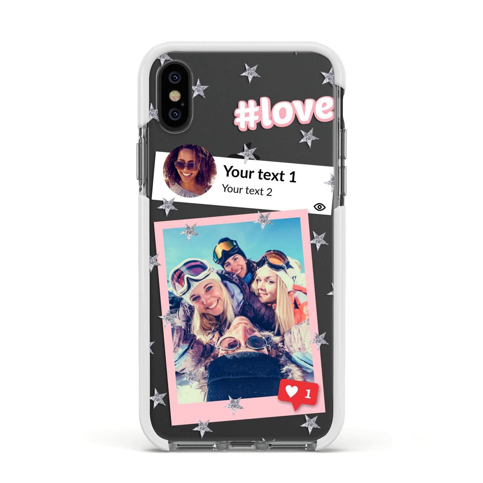 Starry Social Media Photo Montage Upload with Text Apple iPhone Xs Impact Case White Edge on Black Phone