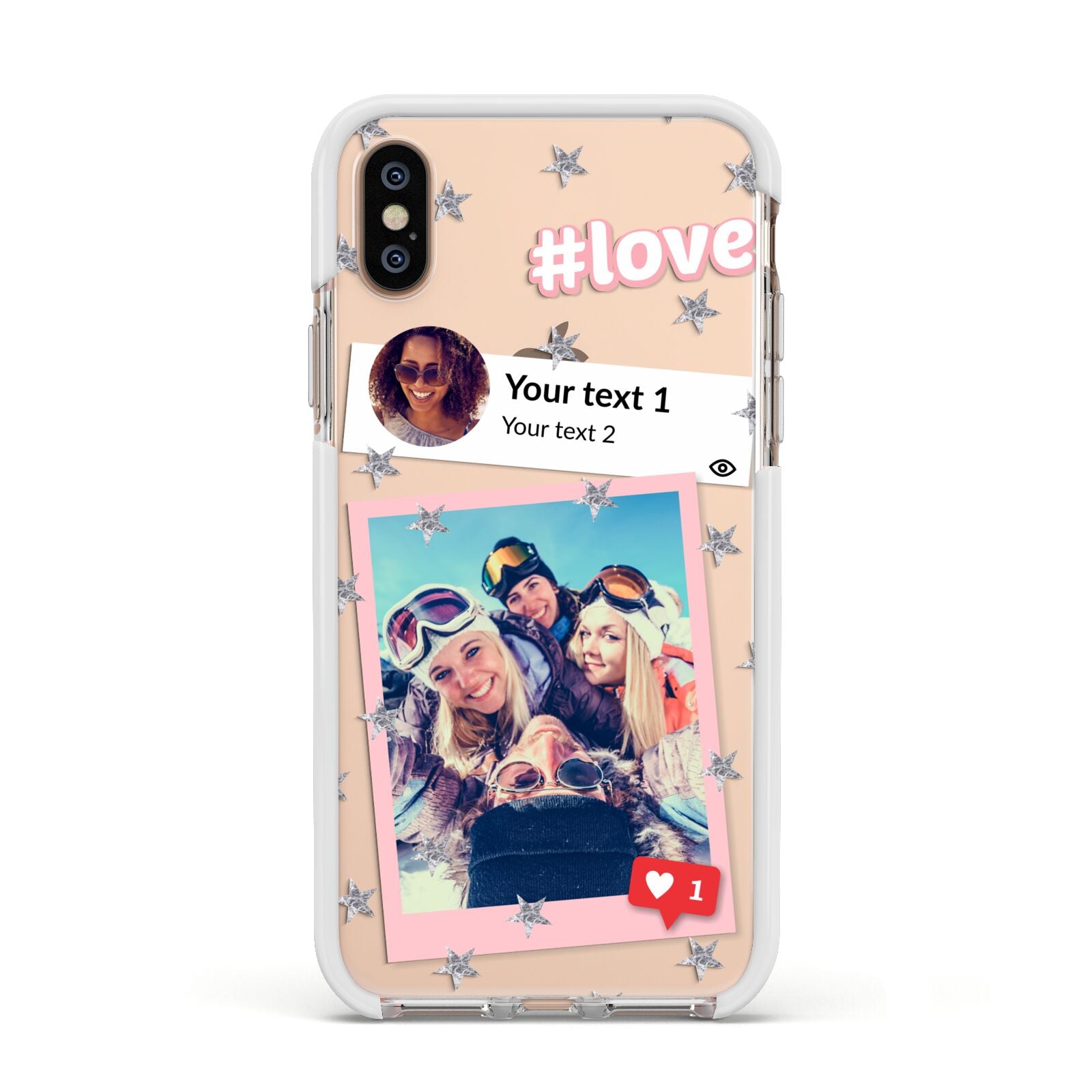 Starry Social Media Photo Montage Upload with Text Apple iPhone Xs Impact Case White Edge on Gold Phone
