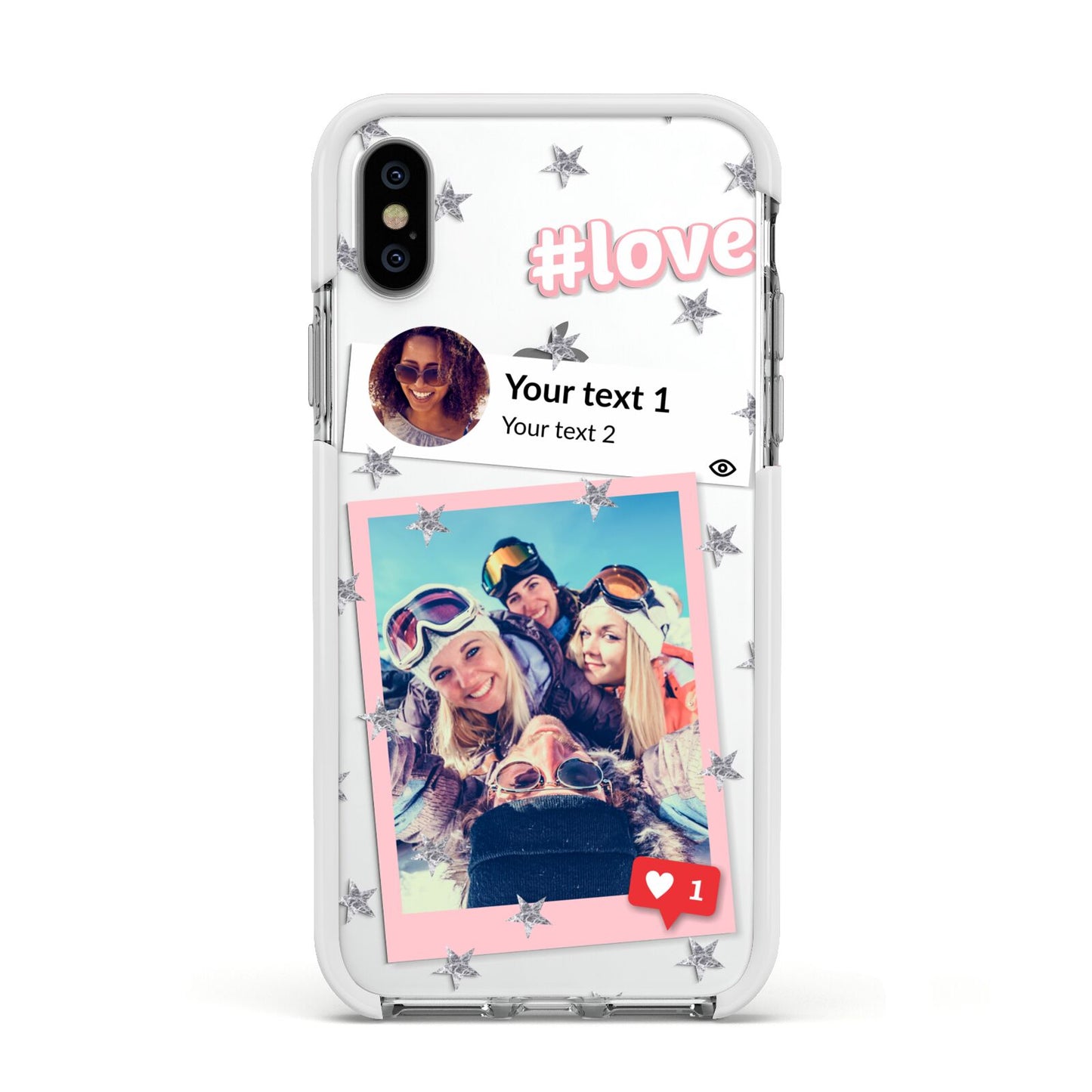 Starry Social Media Photo Montage Upload with Text Apple iPhone Xs Impact Case White Edge on Silver Phone