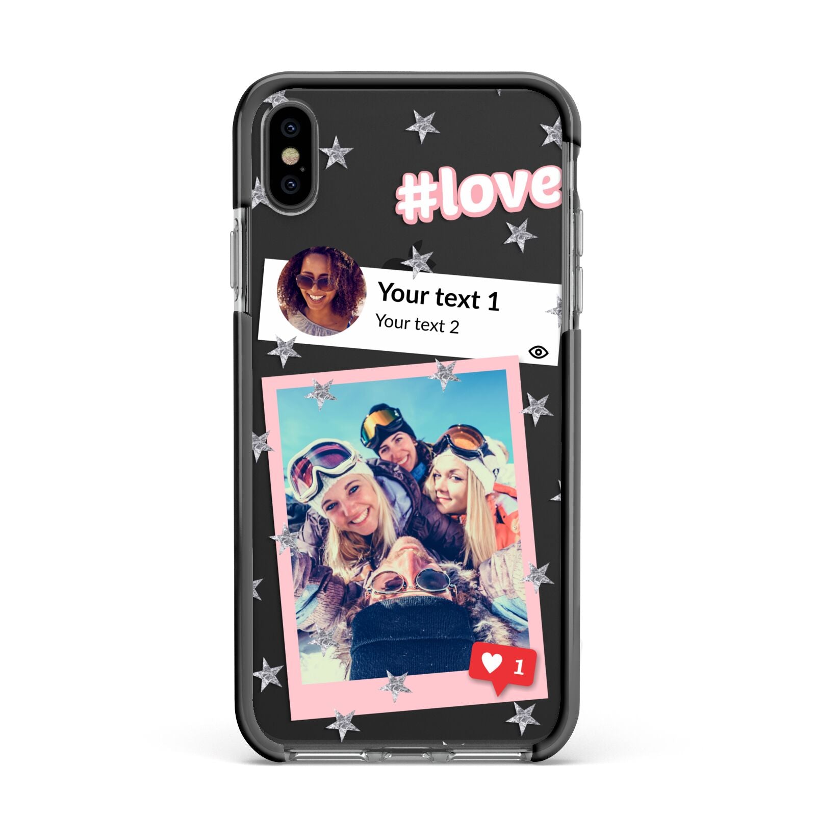 Starry Social Media Photo Montage Upload with Text Apple iPhone Xs Max Impact Case Black Edge on Black Phone