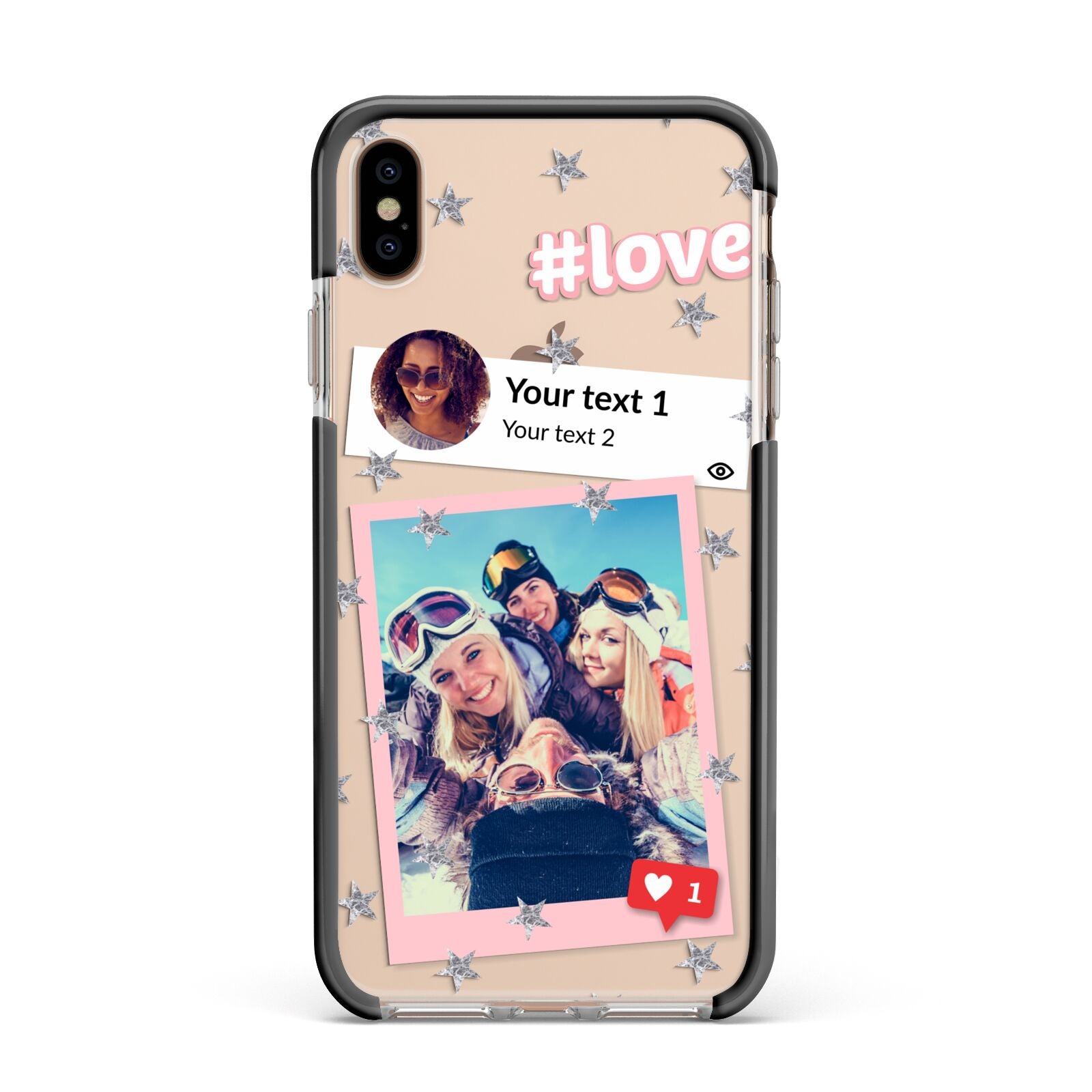 Starry Social Media Photo Montage Upload with Text Apple iPhone Xs Max Impact Case Black Edge on Gold Phone
