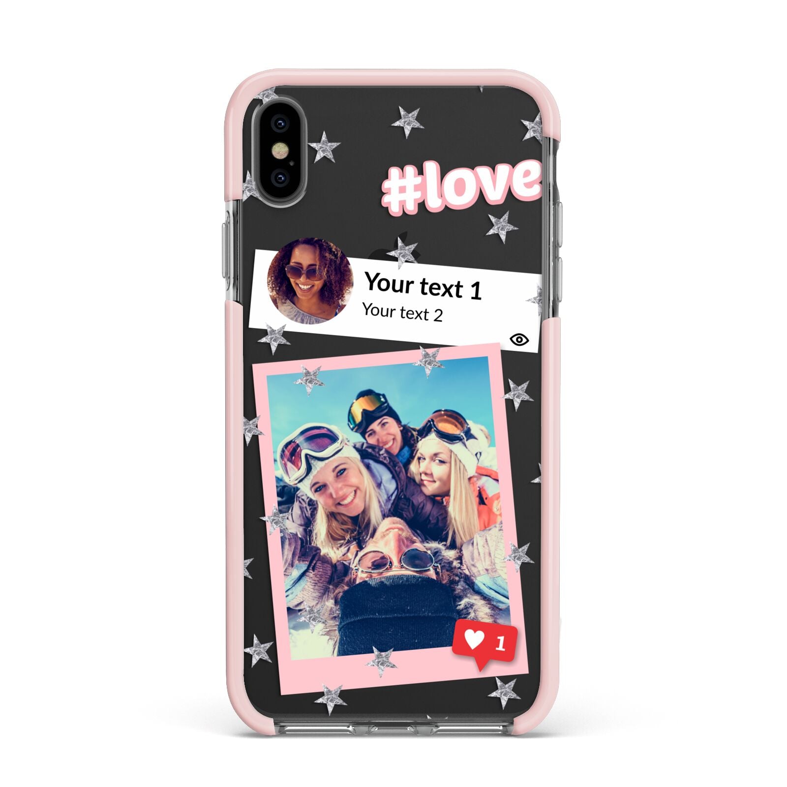Starry Social Media Photo Montage Upload with Text Apple iPhone Xs Max Impact Case Pink Edge on Black Phone