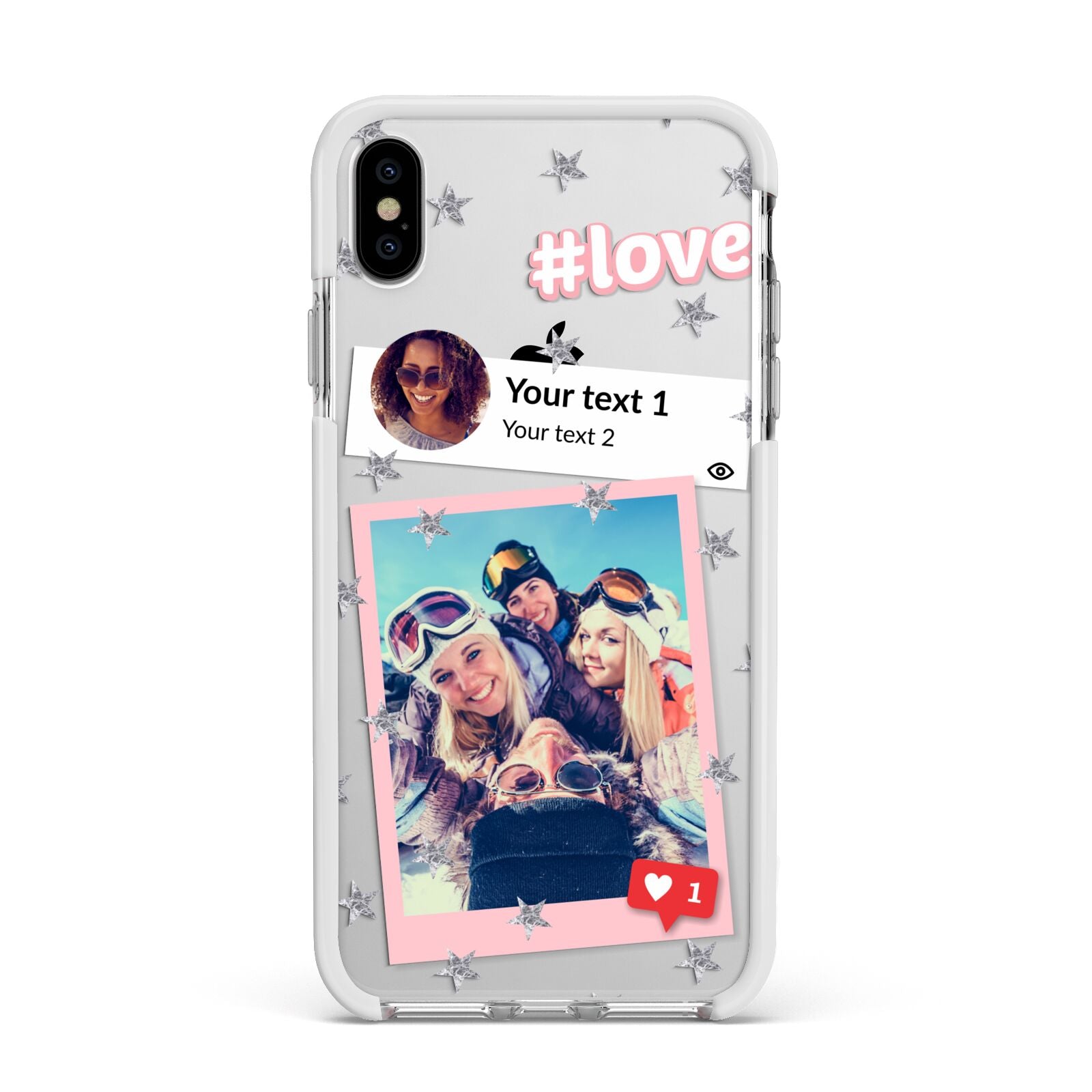 Starry Social Media Photo Montage Upload with Text Apple iPhone Xs Max Impact Case White Edge on Silver Phone