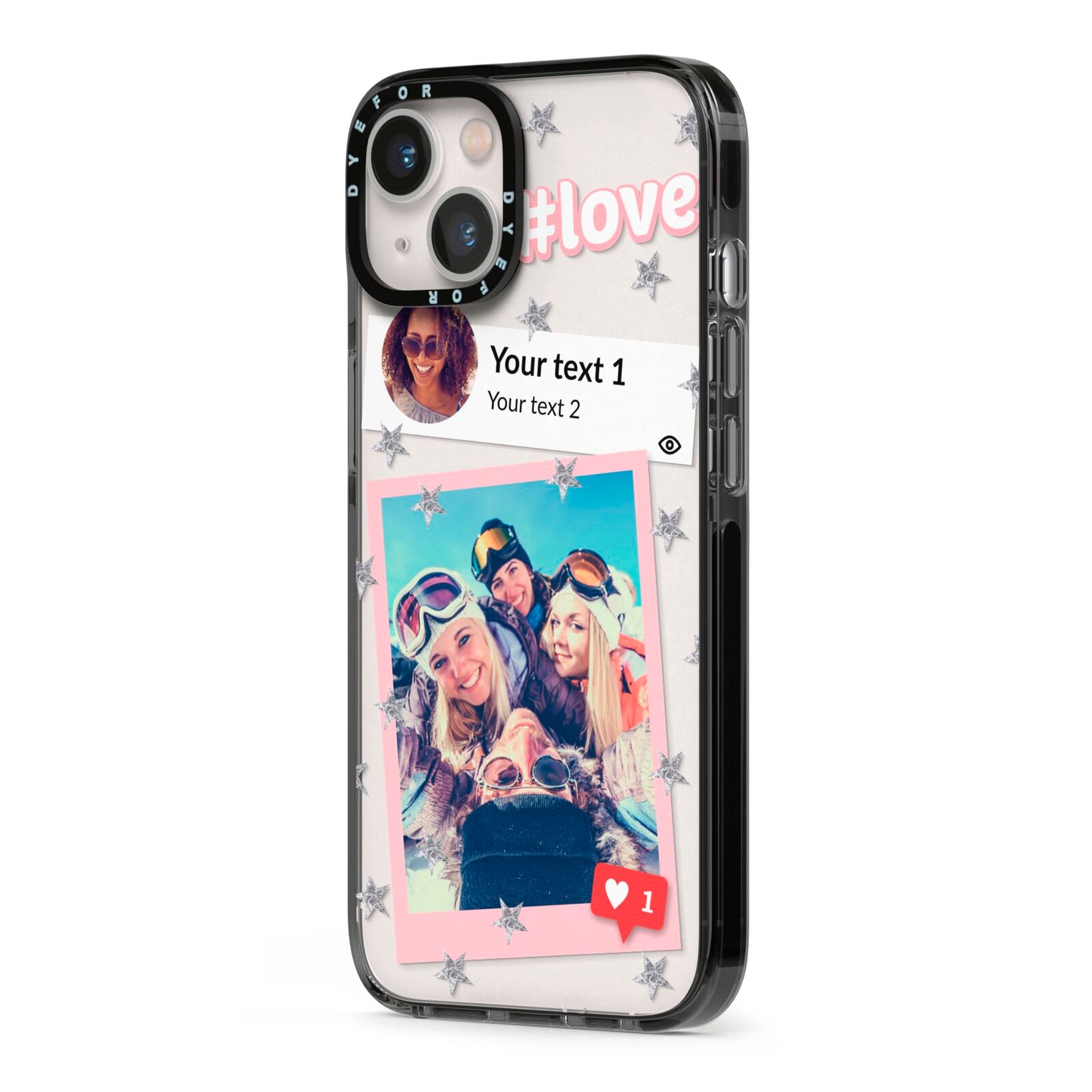 Starry Social Media Photo Montage Upload with Text iPhone 13 Black Impact Case Side Angle on Silver phone