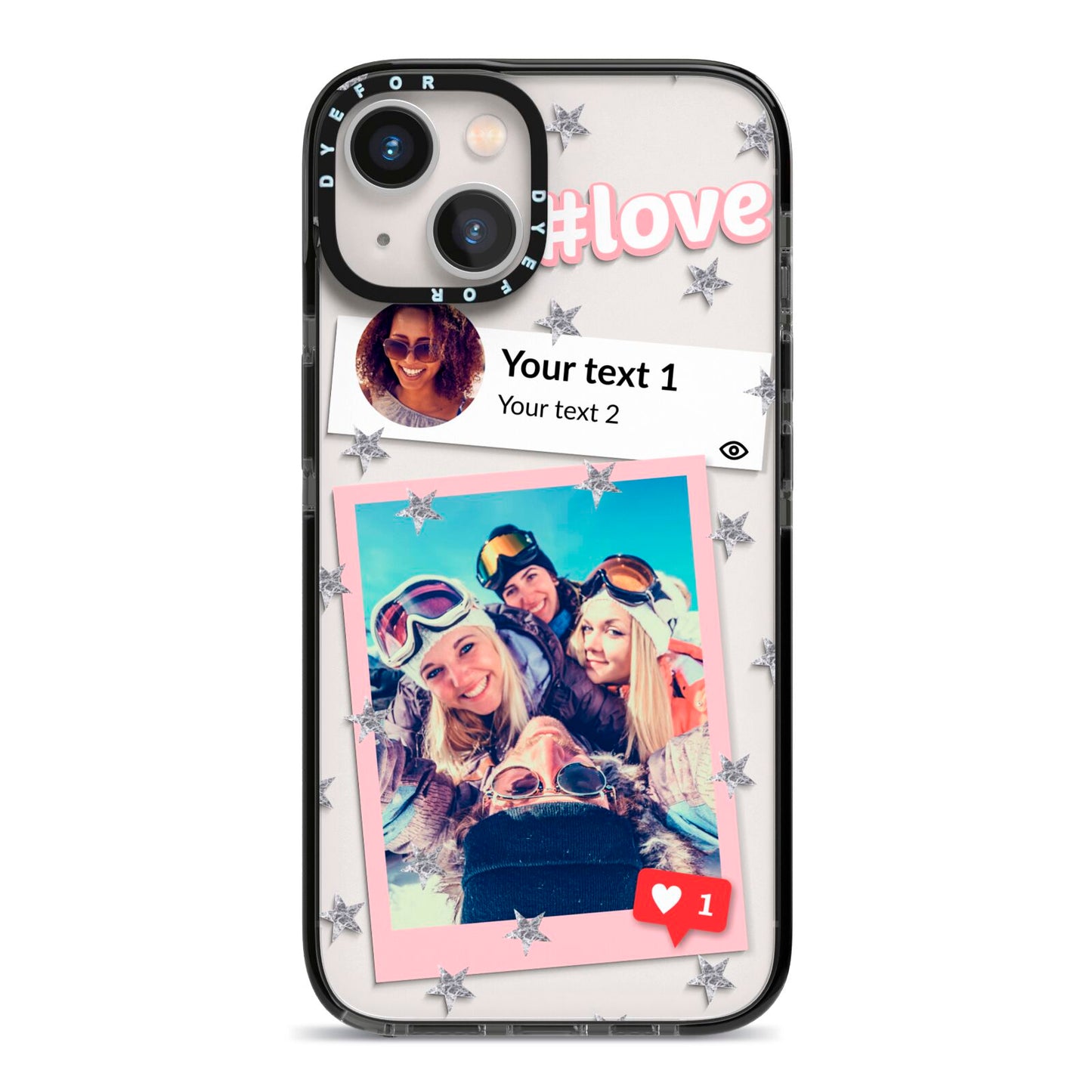 Starry Social Media Photo Montage Upload with Text iPhone 13 Black Impact Case on Silver phone
