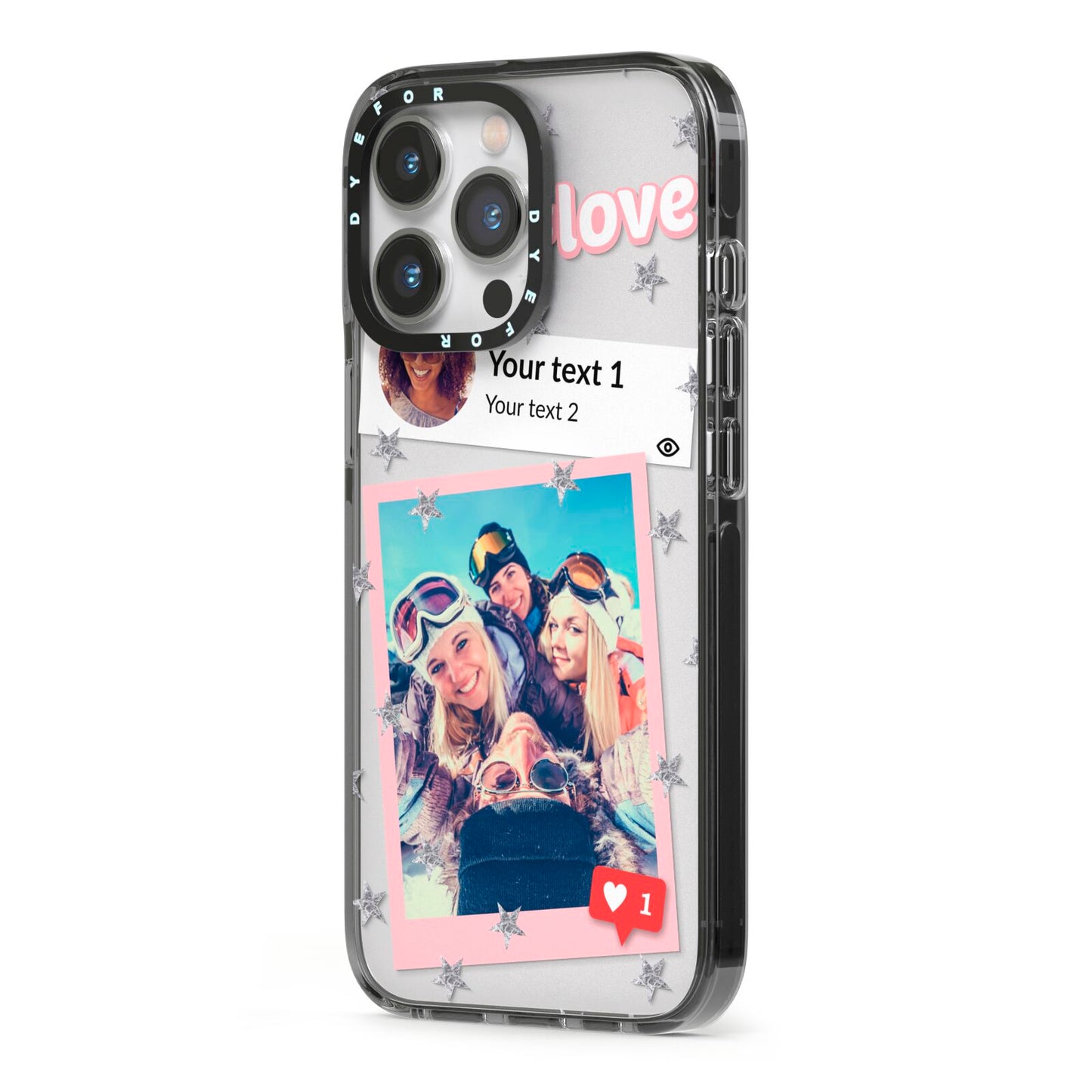 Starry Social Media Photo Montage Upload with Text iPhone 13 Pro Black Impact Case Side Angle on Silver phone