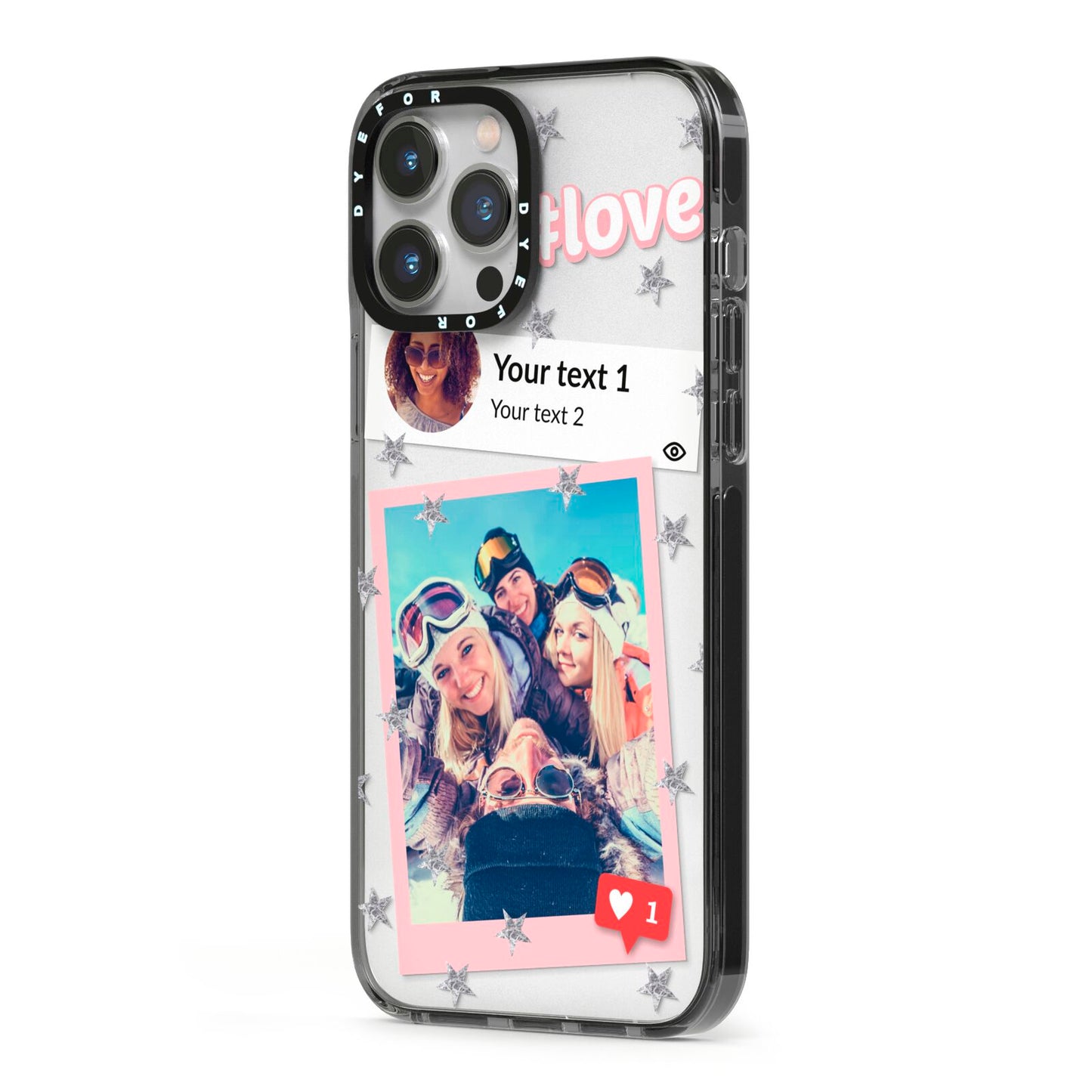 Starry Social Media Photo Montage Upload with Text iPhone 13 Pro Max Black Impact Case Side Angle on Silver phone