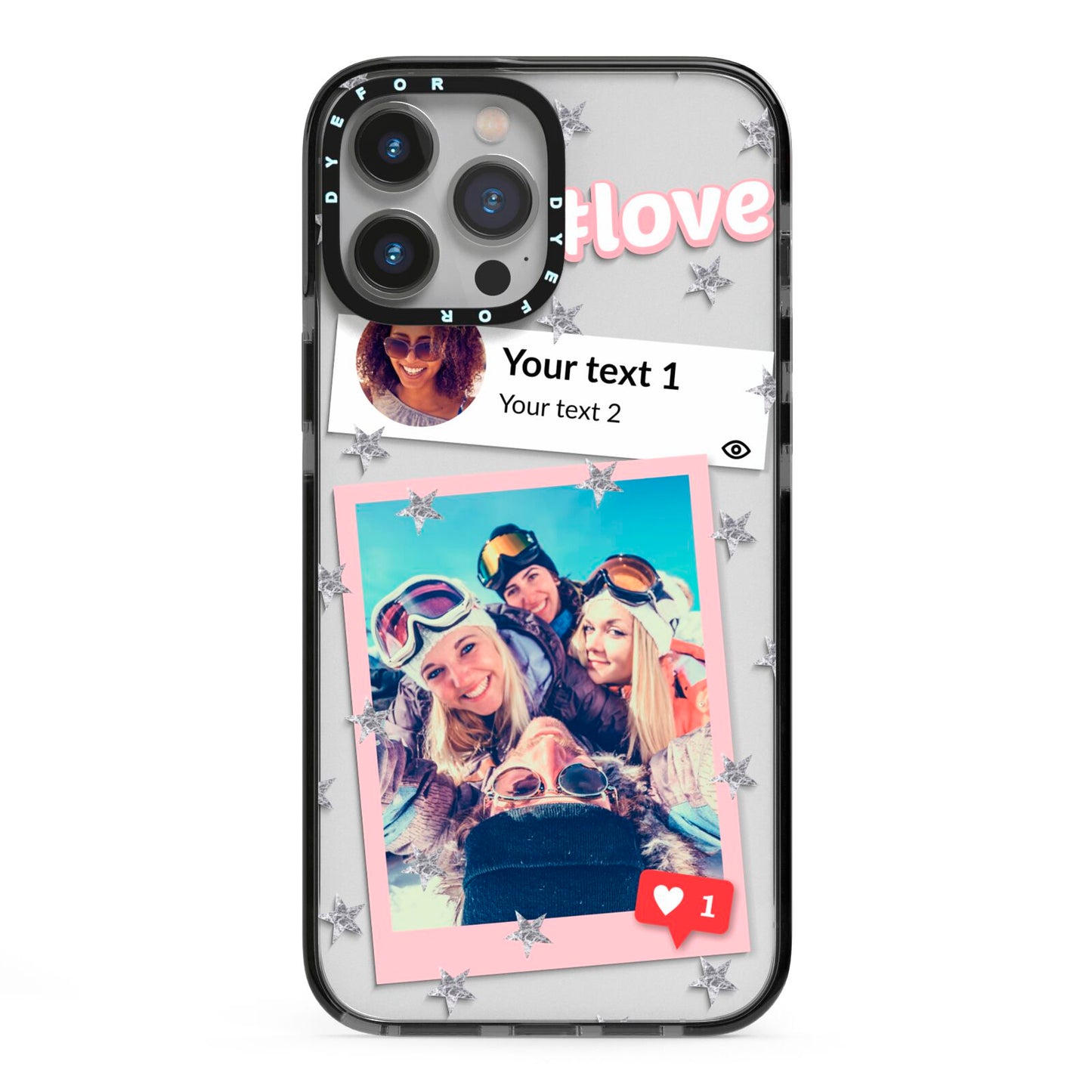 Starry Social Media Photo Montage Upload with Text iPhone 13 Pro Max Black Impact Case on Silver phone
