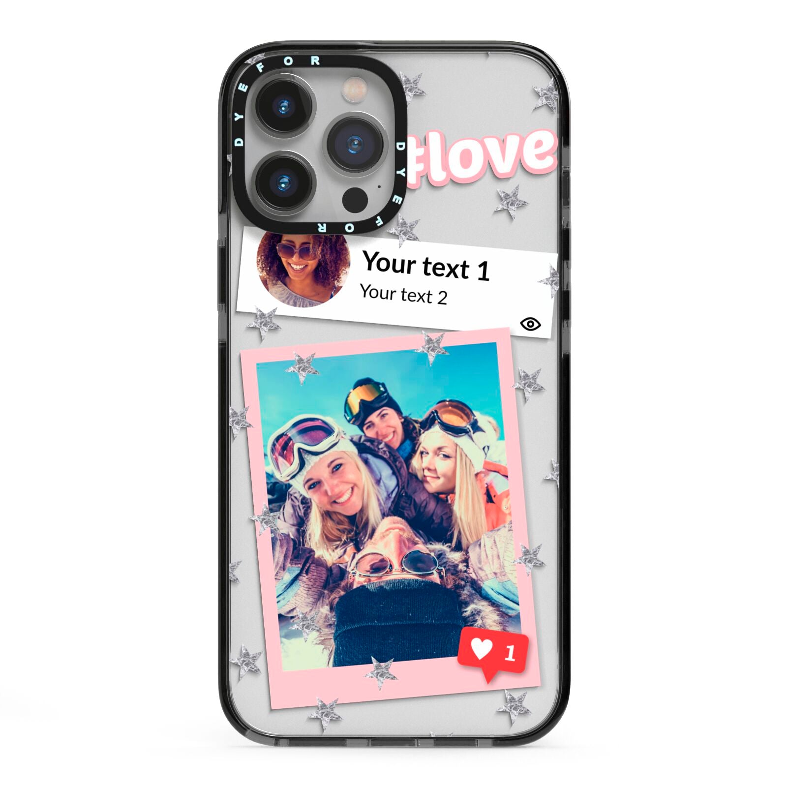 Starry Social Media Photo Montage Upload with Text iPhone 13 Pro Max Black Impact Case on Silver phone