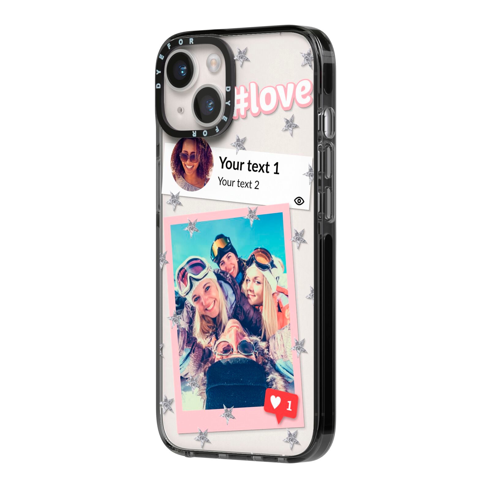 Starry Social Media Photo Montage Upload with Text iPhone 14 Black Impact Case Side Angle on Silver phone