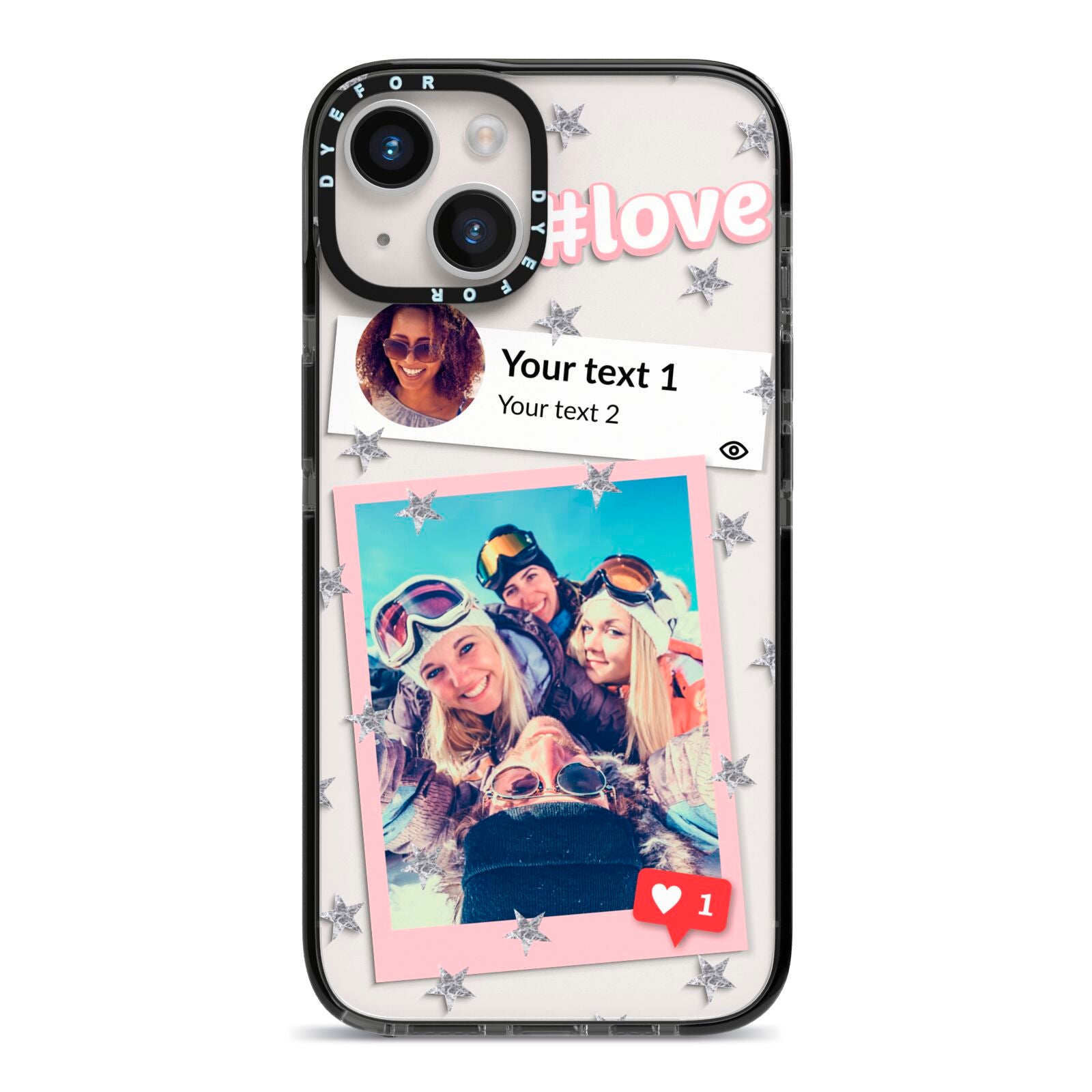Starry Social Media Photo Montage Upload with Text iPhone 14 Black Impact Case on Silver phone