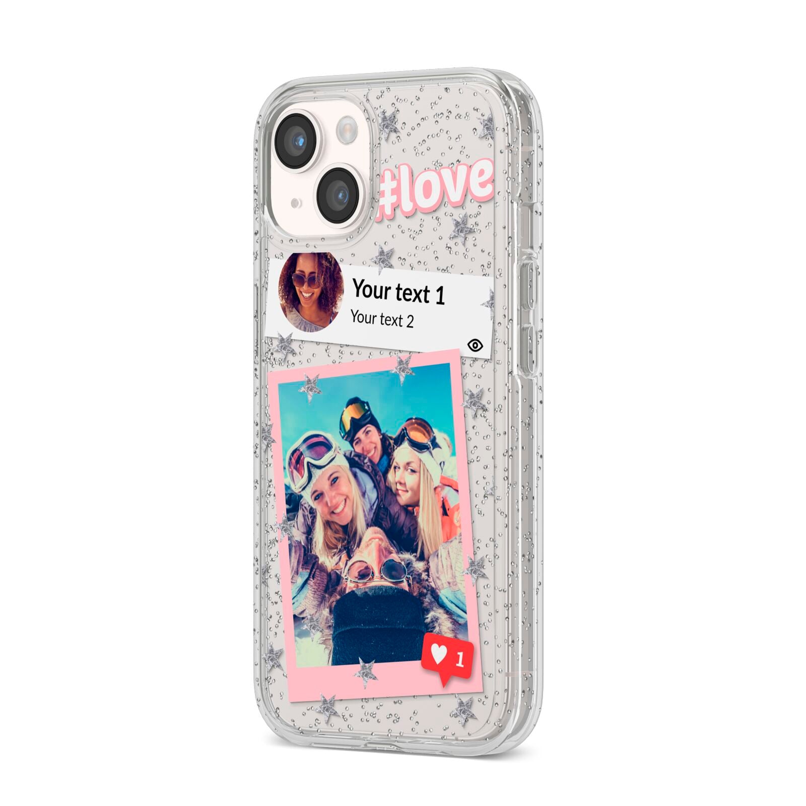 Starry Social Media Photo Montage Upload with Text iPhone 14 Glitter Tough Case Starlight Angled Image
