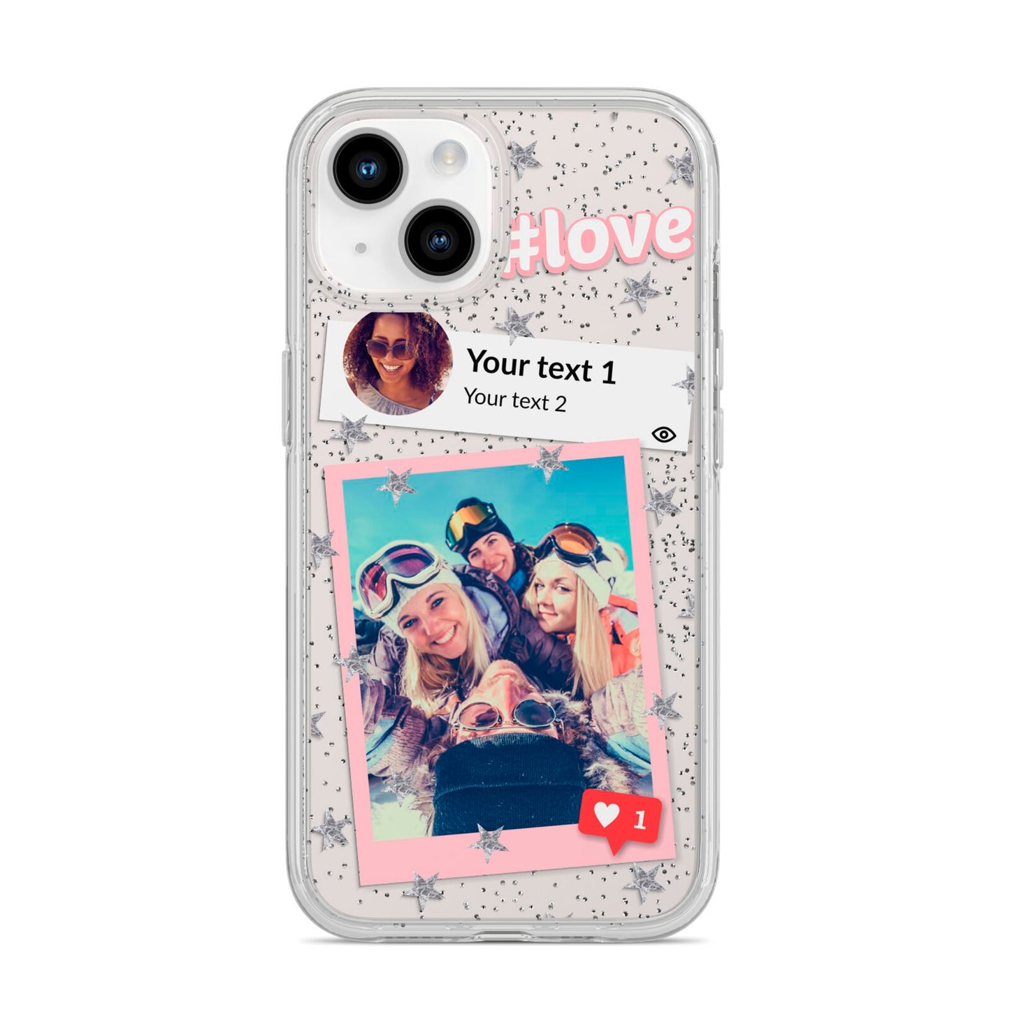 Starry Social Media Photo Montage Upload with Text iPhone 14 Glitter Tough Case Starlight