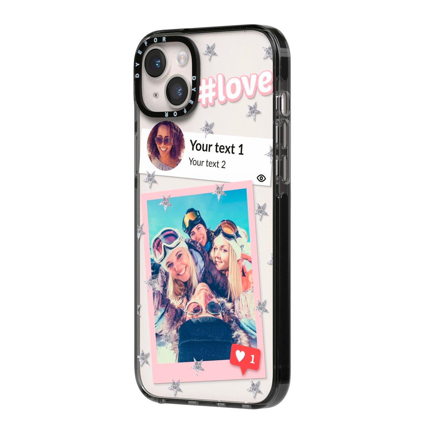 Starry Social Media Photo Montage Upload with Text iPhone 14 Plus Black Impact Case Side Angle on Silver phone