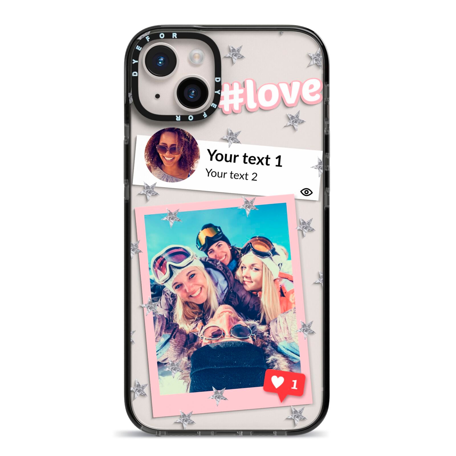 Starry Social Media Photo Montage Upload with Text iPhone 14 Plus Black Impact Case on Silver phone